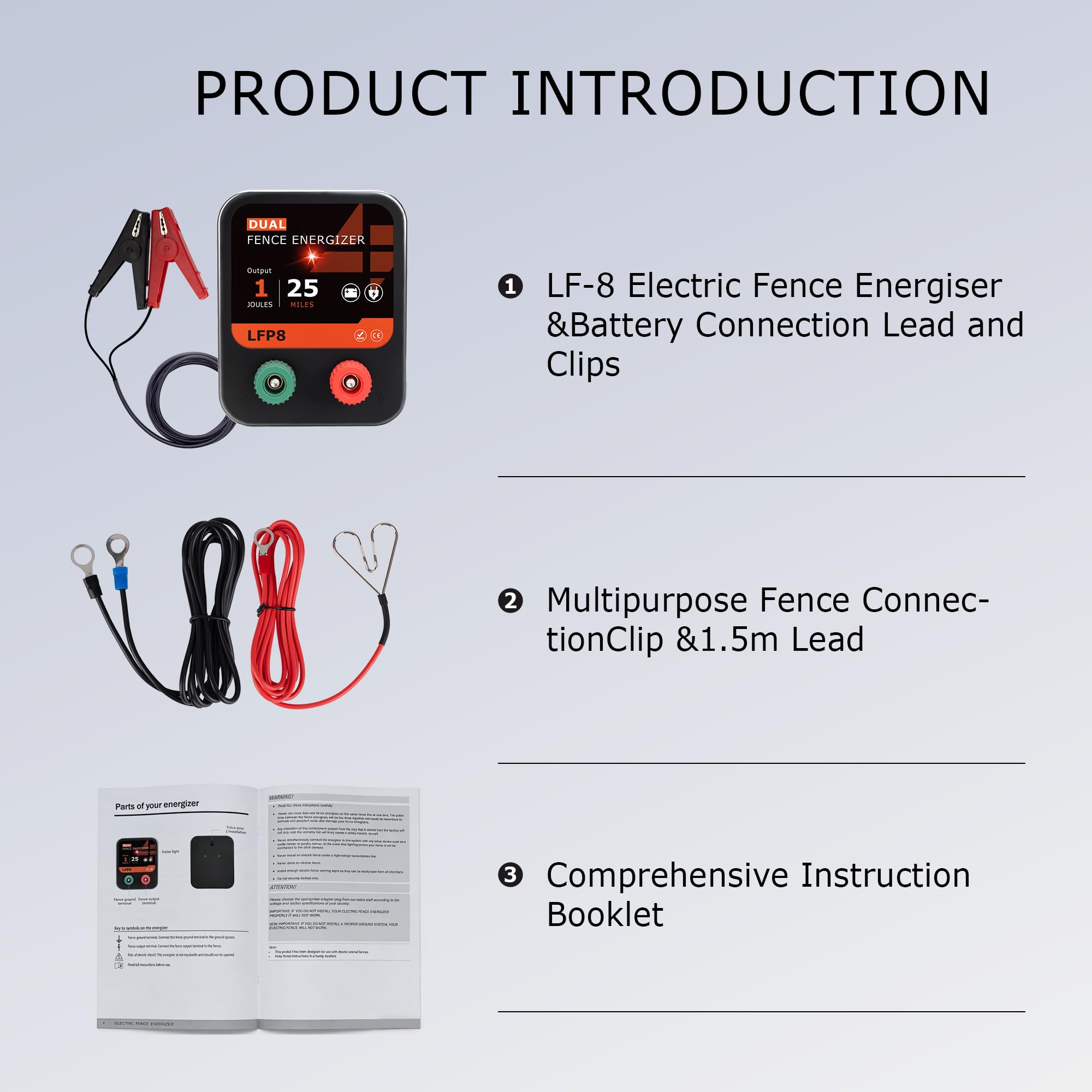LFP8 - Energizador eléctrico de valla eléctrica de 12 V, salida de 1 julio, 25 millas, kit de valla eléctrica que incluye cables y estaca de tierra, alimentado por CC para caballo, vaca y otros