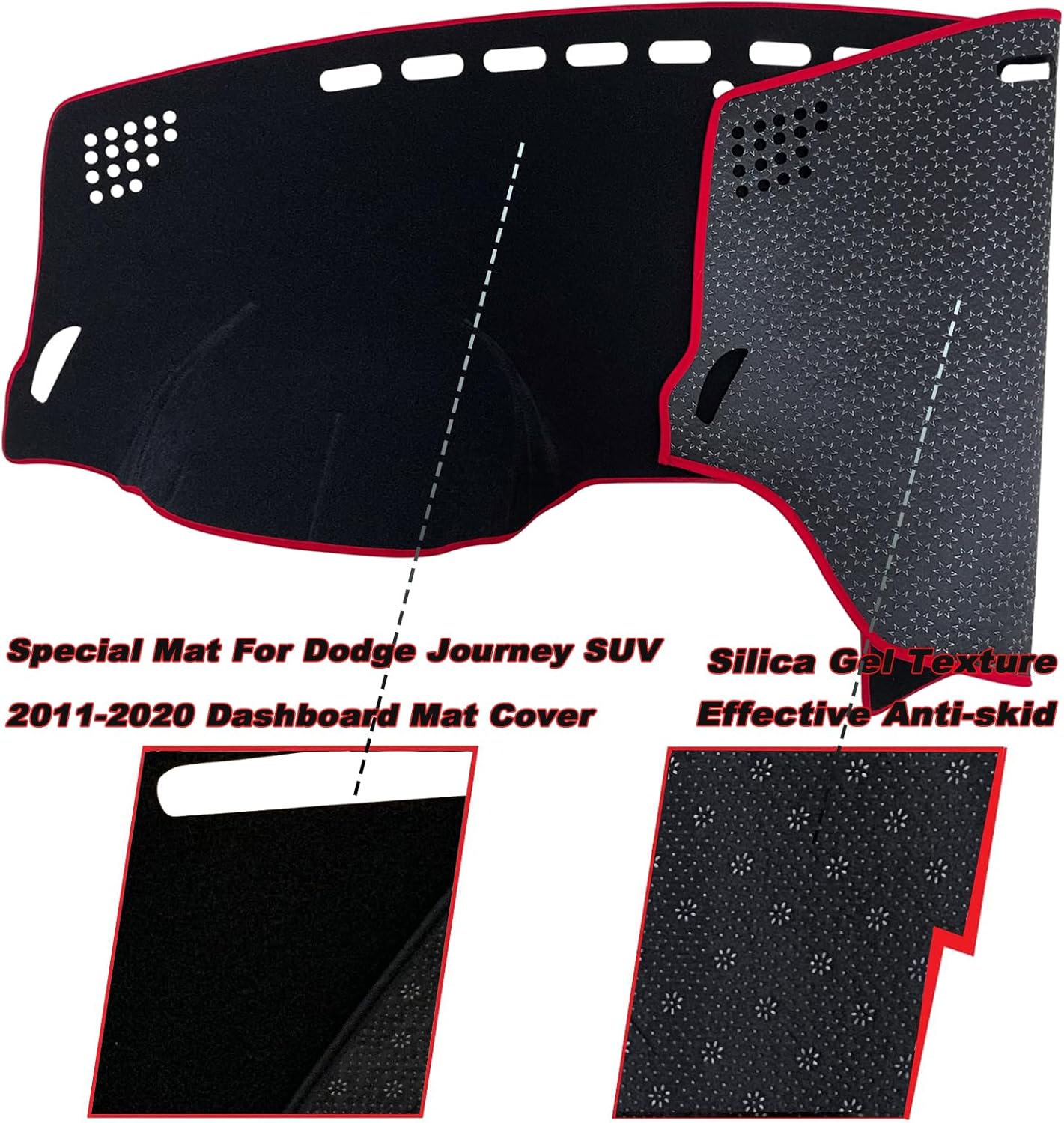 Dash Mat Cover Custom Interior Center Console Compatible with Dodge Journey 2011 2012 2013 2014 2015 2016 2017 2018 2019 2020 Dashboard mat Covers Accessories (Red Rim)