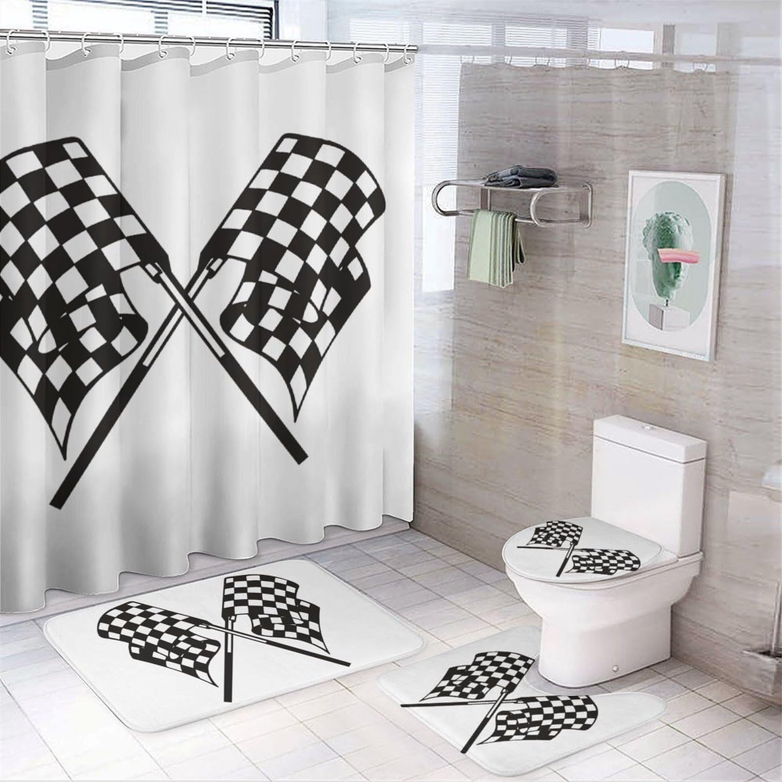 JZemdybill Bathroom Mat Set 4 Piece, Checkered Flags Race Flag Shower Curtain with Non-Slip Bath Mats for Bathroom