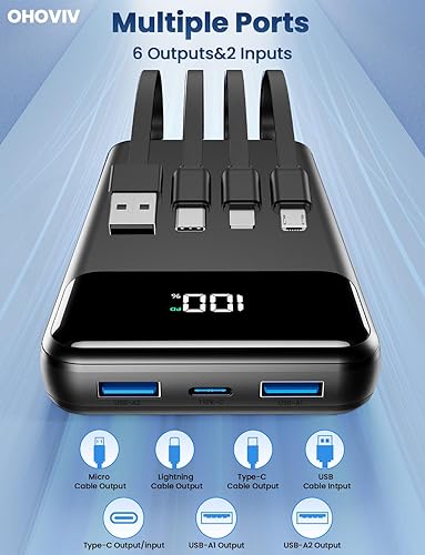 Miniatura 5 de Cargador portátil, banco de energía de 50000 mAh con cables integrados, batería de carga rápida de 22.5 W, cargador de teléfono portátil para