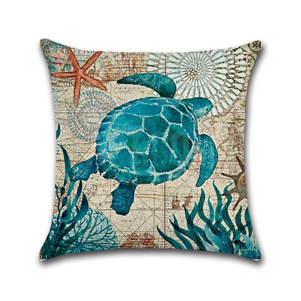 Kissenbezug Mit Ozean-Motiv – Meeresschildkröte, Oktopus & Fische, 45x45 Cm, Aus Baumwollleinen, Mit Reißverschluss