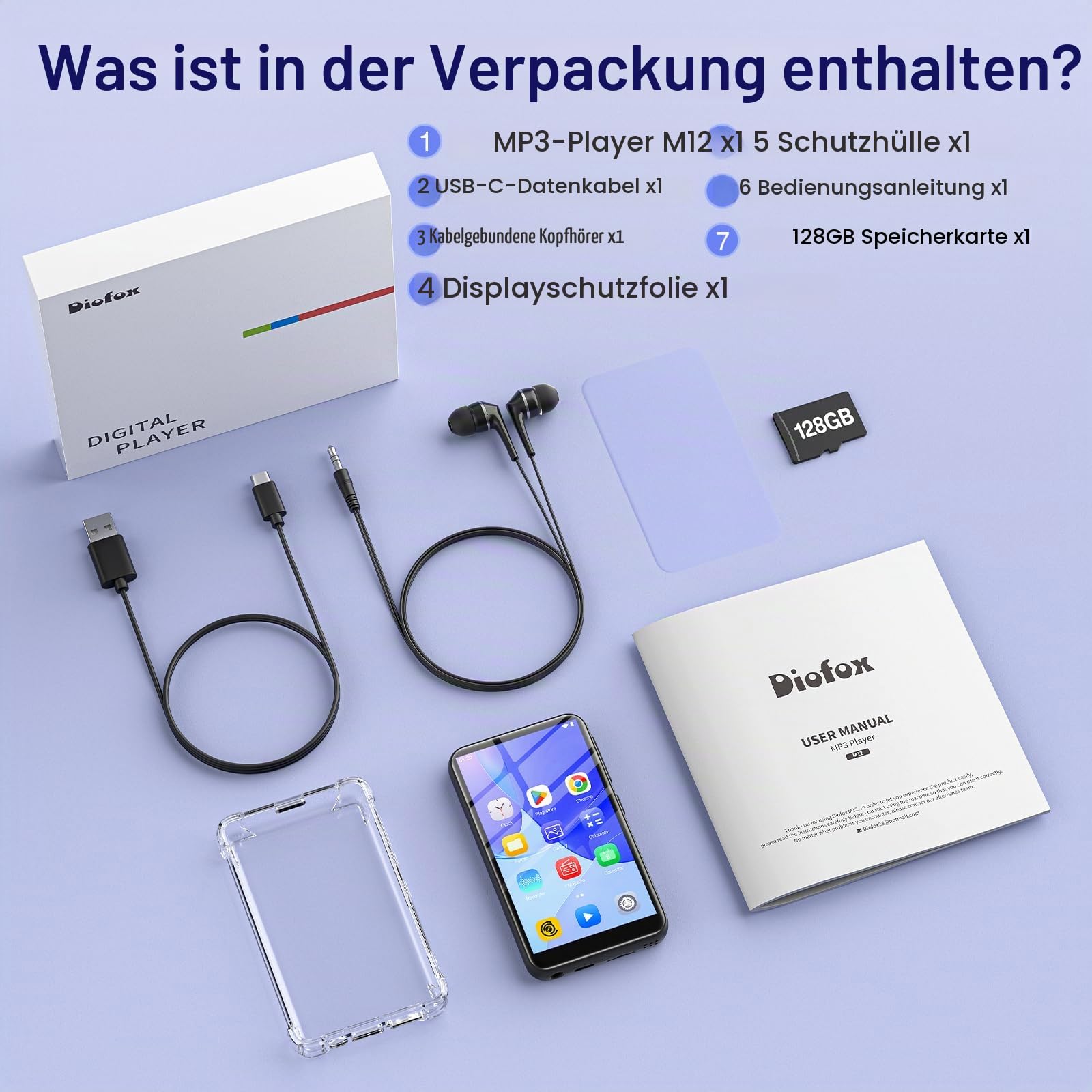 160GB MP3 Player Spotify mit Bluetooth und WiFi, Android 13 MP3-Player, Diofox MP4 Player Amazon Music, MP3 MP4 Player für Kinder, 4,02 Zoll HD-Touchscreen, Audible, E-Book, Play Store, Deezer