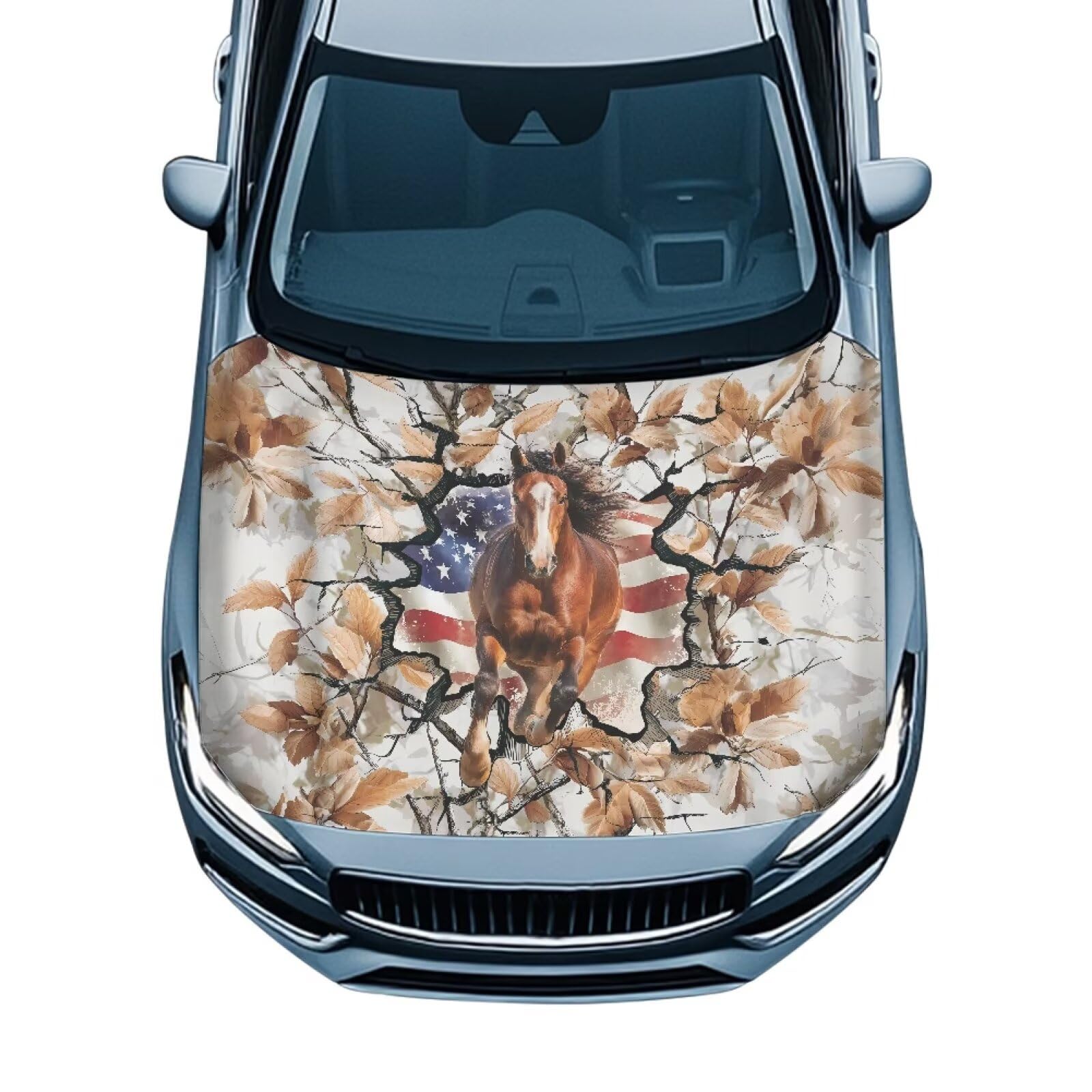 Car Hood Cover Stretch Horse American Flag Print Car Hood Protector Washable Automotive Accessories Universal Suitable Most Automotive Pickup Sedans Trucks SUVs
