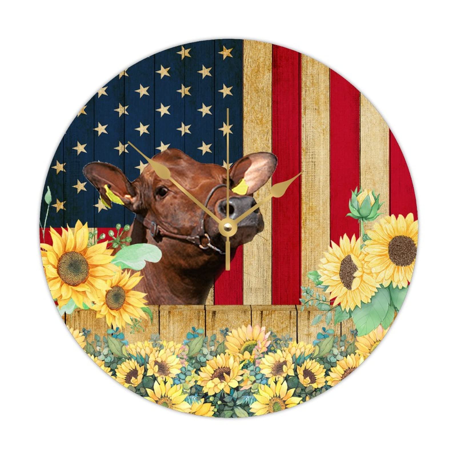 Horloge ronde en bois de qualite superieure motif USA retro et tournesols