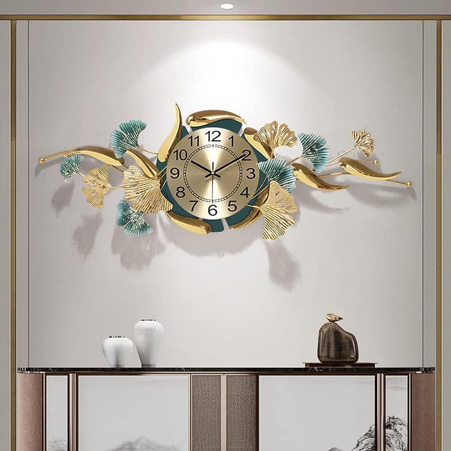 SaryEdge Wall Clock Gold Ginkgo Leaf Texture Wall Decor, Large Wall Clock, Metal Leaf 90 * 32Cm Gold Metal Art Wall Sculpture,