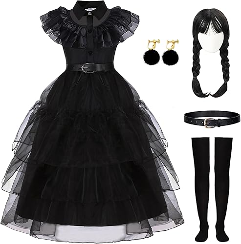 Akokvlar Black Costume Dress for Girls Wig Belt Earrings Socks Dress Up Suit