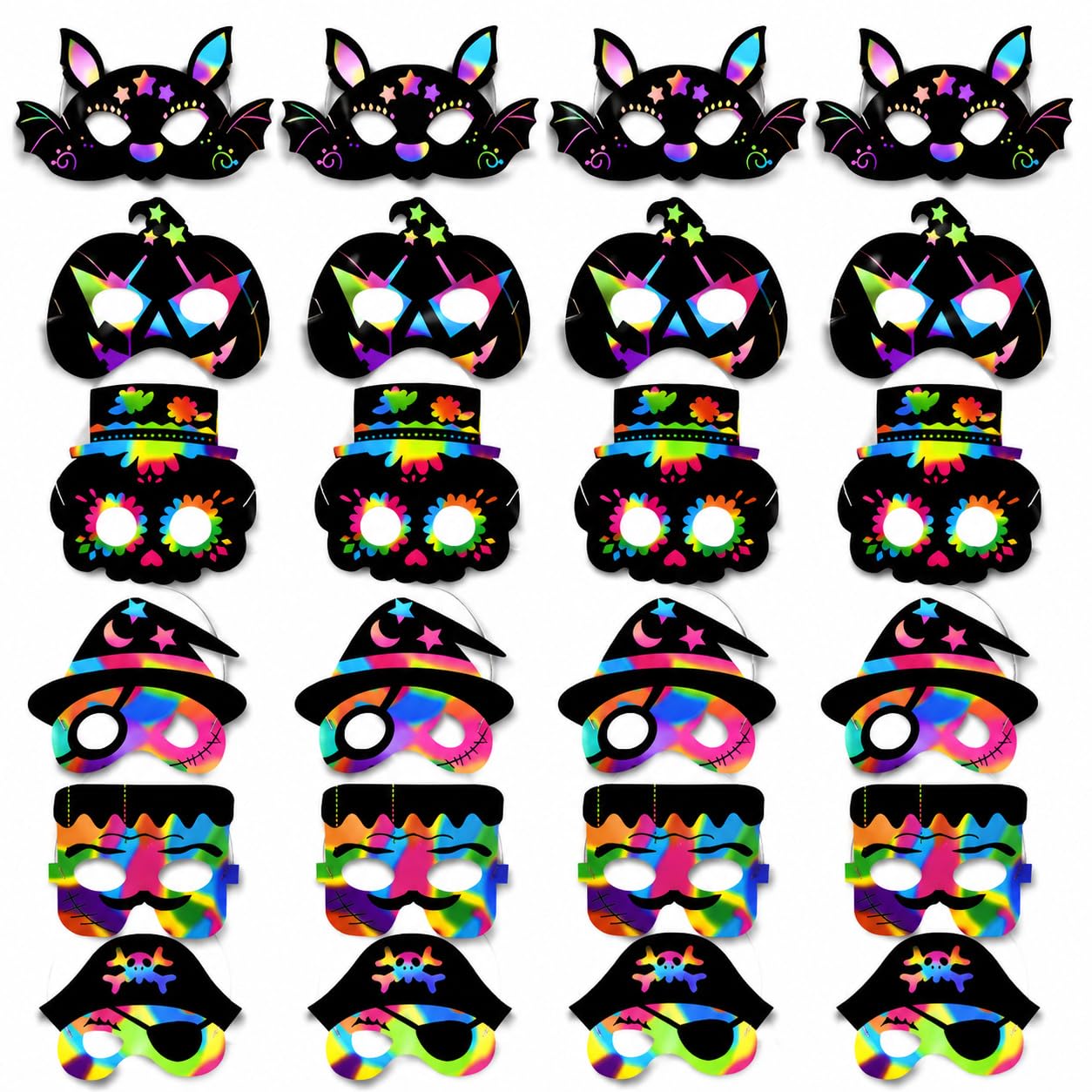 FestivalLaney Adult Halloween Mask Set of 24, Iridescent Rainbow Half Face Masks for Adults, Pumpkin Skull Cat Witch Bat Spider Designs, Fancy Dress Party Accessories for Cosplay Masquerade