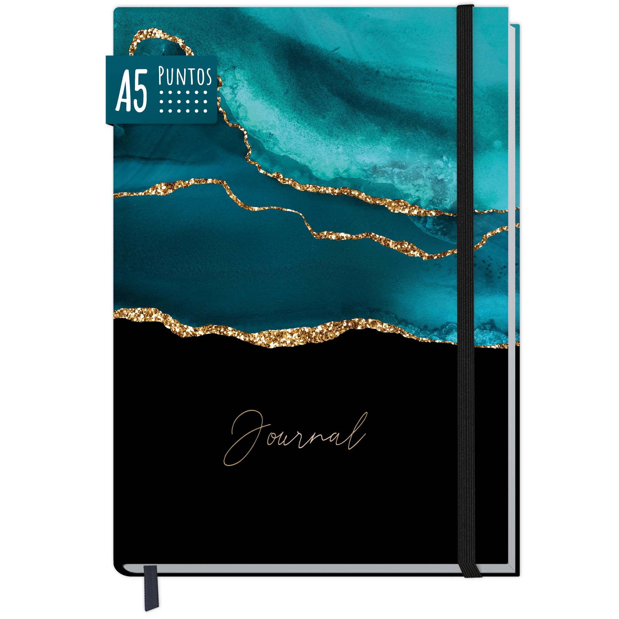 paper&you® Bullet Journal punteado A5 con banda elástica [Shiny Teal] 156 páginas | cuaderno punteado, diario | sostenible & climáticamente neutro