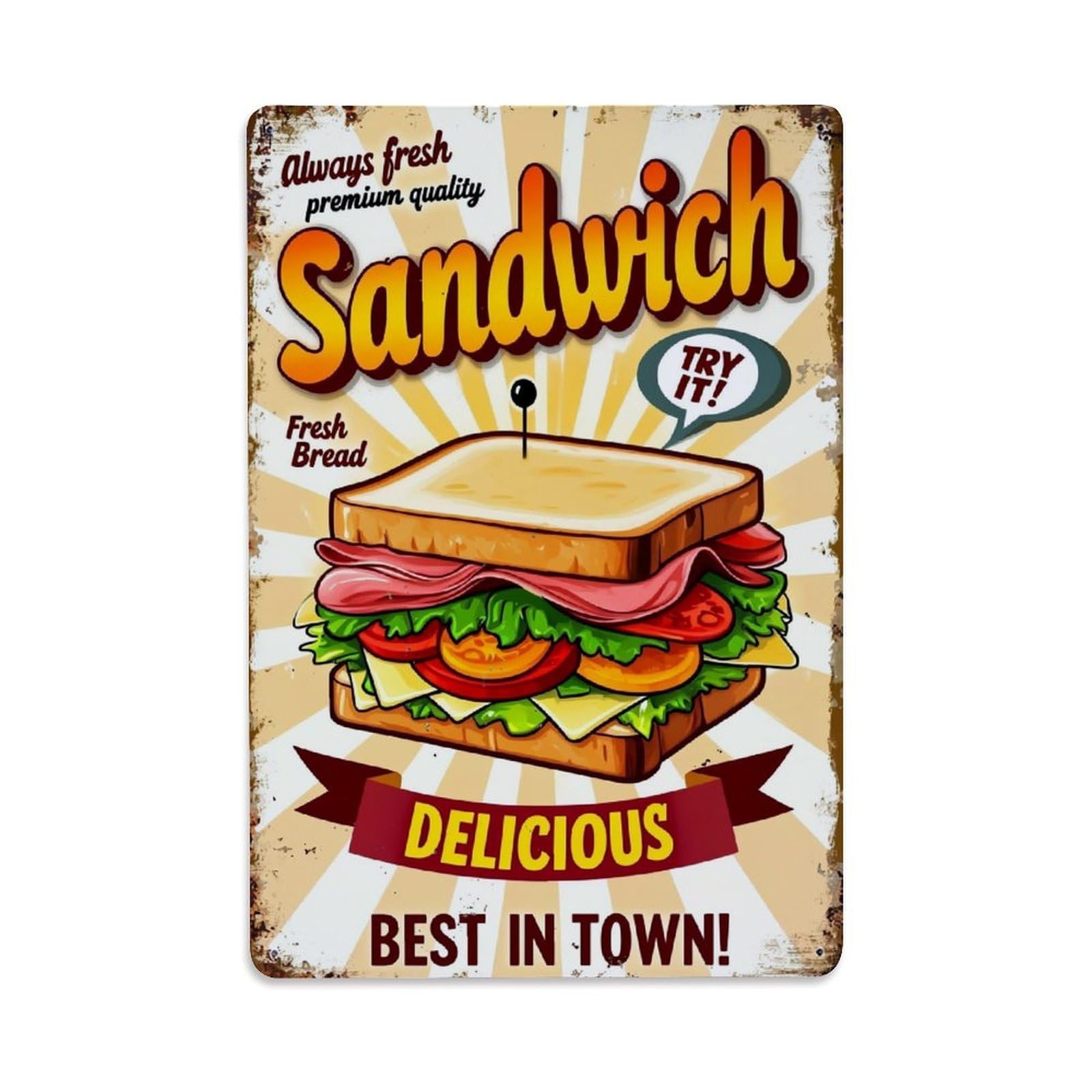 Jdfenggu Vintage Sandwich With Fresh Ingredients Retro Metal Tin Sign, Metal Poster For Bar, Home, Man Cave, Kitchen, Laundry Room Art Decor 8X12 Inch