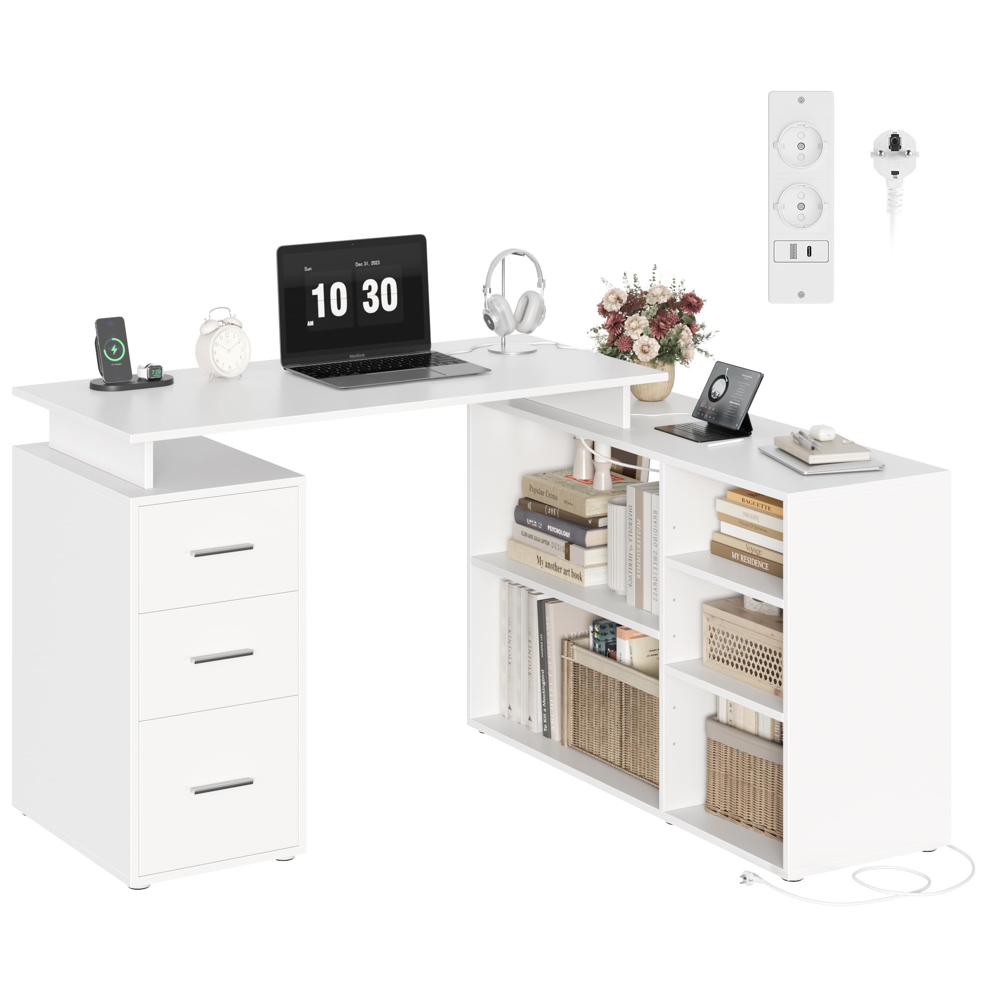 FirFurd Eckschreibtisch mit Steckdosenleiste Schreibtisch L Form Computertisch mit Bücherregal und Schubladen Eckschreibtisch mit Stauraum PC Tisch für Arbeitszimmer Homeoffice 129 x 104 x 76 cm, weiß