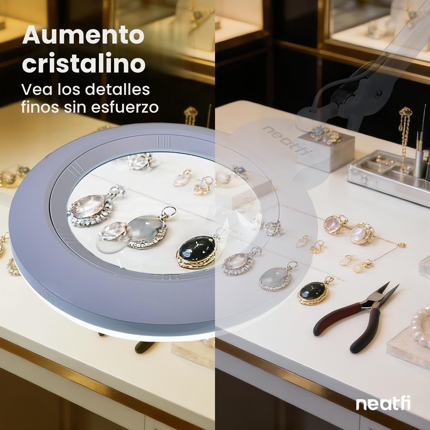 Neatfi XL Lámpara Lupa LED Bifocal con Abrazadera, Lente Acrílica de 18 cm, Doble Aumento 2,25X/6X, 1.600 Lúmenes Regulables | 3 Modos de Luz, Brazo Ajustable | Lectura, Manualidades (Lente de 18 cm)