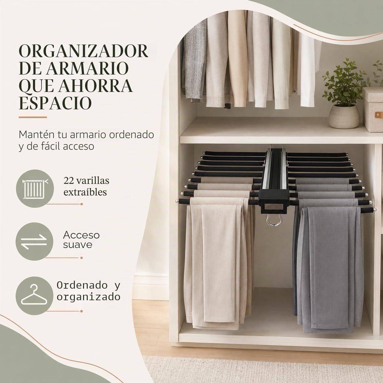 Perchero para pantalones deslizante de 22 barras extensible antideslizante, colgadores para pantalones, vestidor que ahorra espacio, para armario, lavandería, zona de almacenamiento (Negro)
