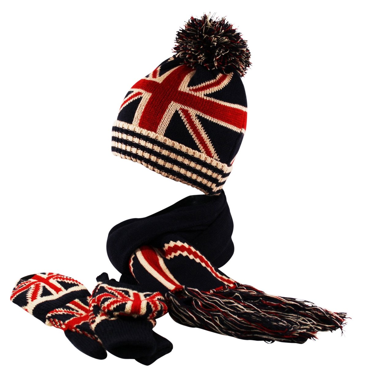 Itzu Union Jack Knit Bobble Beanie Hat Mittens Scarf Winter 3 Piece Set in Navy Red Cream