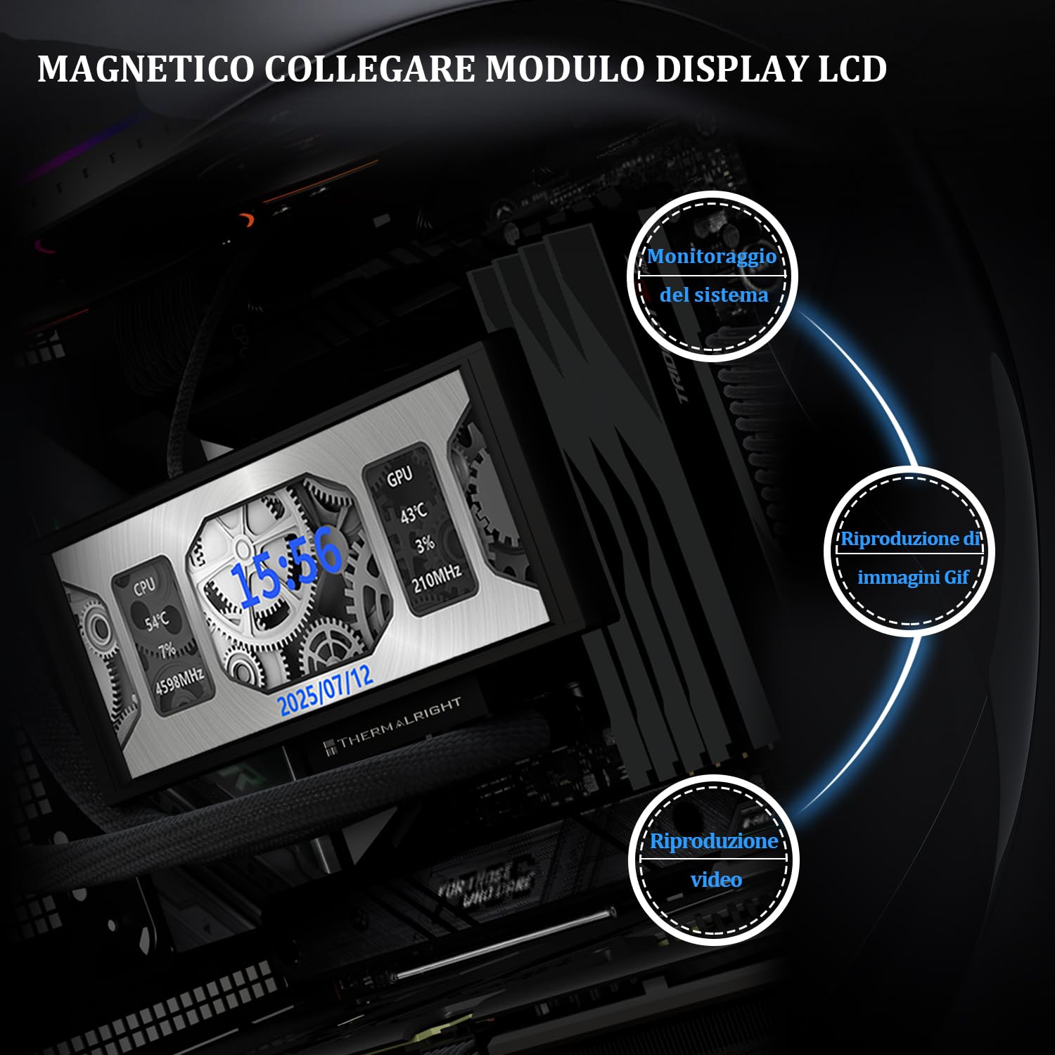 TR - Trofeo Vision 360 ARGB Nero CPU Aio Cooler,Sistema di raffreddamento ad acqua CPU,Schermo lungo IPS da 6,86 pollici con risoluzione di 1280 x 480, per AM4/AM5, LGA1851/1700,