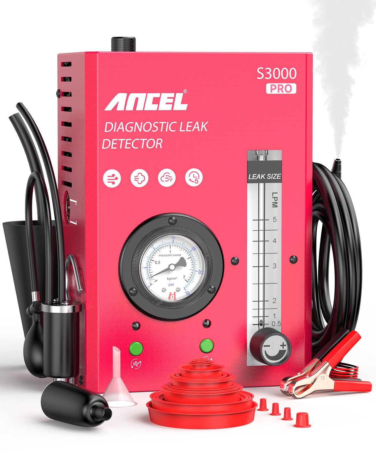 ANCEL S3000PRO KFZ Nebelmaschine mit eingebauter Luftpumpe und Manometer, Auto Rauchmaschine Lecksuchgerät mit Zwei Modi, Professionelle Smoke Leak Detector für Full Autos System Lecks Test