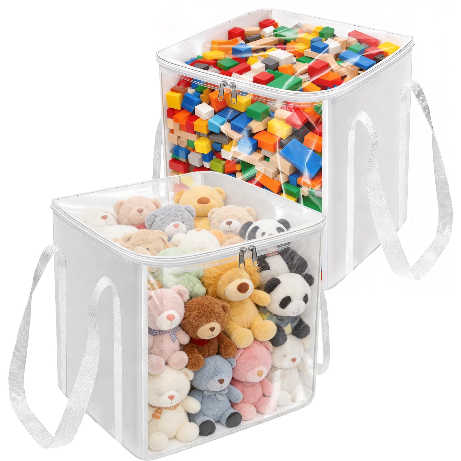 2 Pack Clear Toy Storage Bags with Zips, 27L Large Transparent PVC Storage Boxes with Reinforced Base & Handles, Foldable Organiser Bins for Kids Soft Toys, Building Blocks, Clothes, 30.5x30.5x29cm