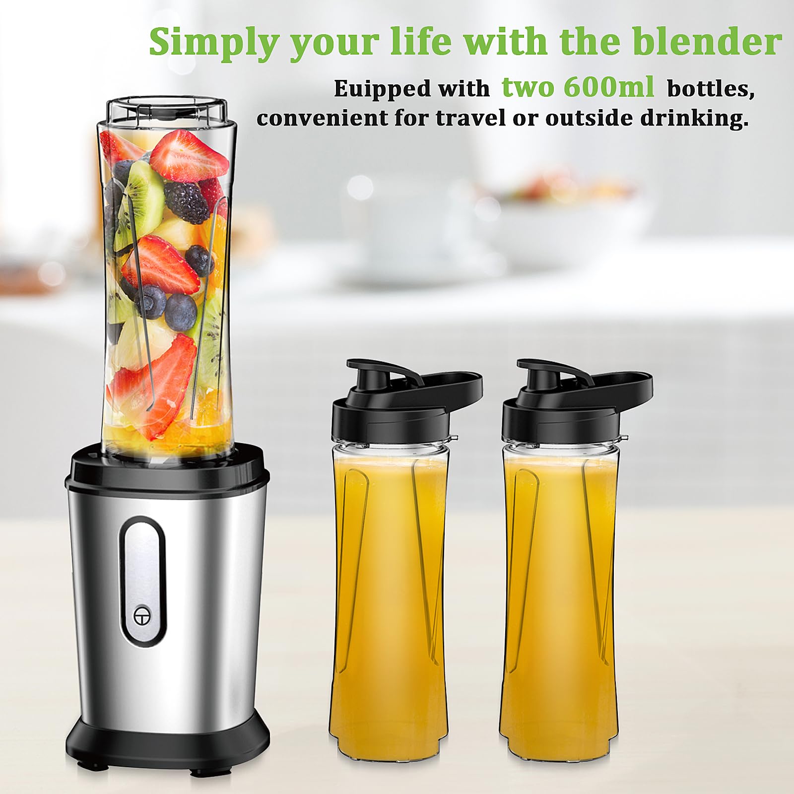 Mixeur 500 W Mini blender & smoothie maker avec 2 bouteilles de 600 ml Tritan Sans BPA, portable en acier inoxydable 4 feuilles