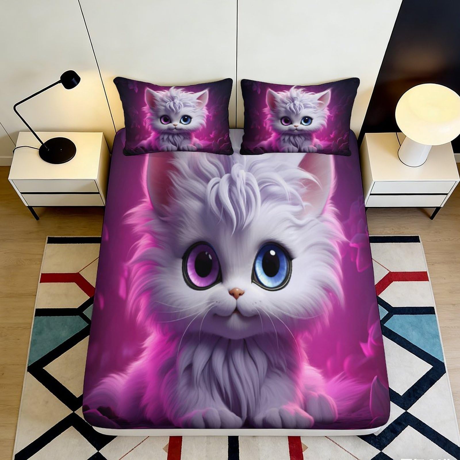 3D Printed Cute White Cat Fitted Sheet Microfiber Soft Pink Bedroom Decor Kawaii Kitten Mattress Cover for Home Dorm 160x200x25cm