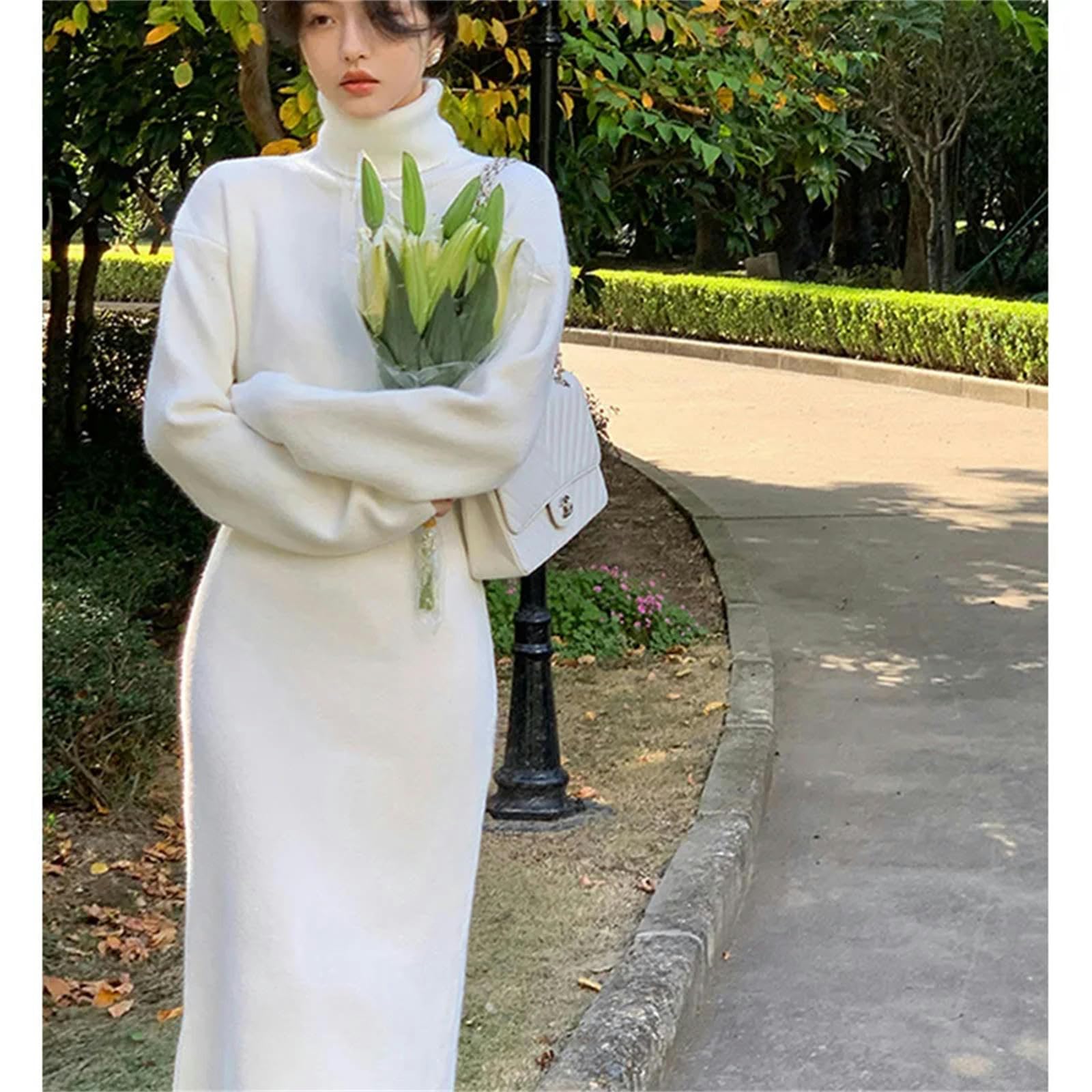 Vestito Donna Autunno Elegante Abito Midi A Maglia da Donna Donne A Linea Abiti Autunno Inverno Solido con La Vita Alta