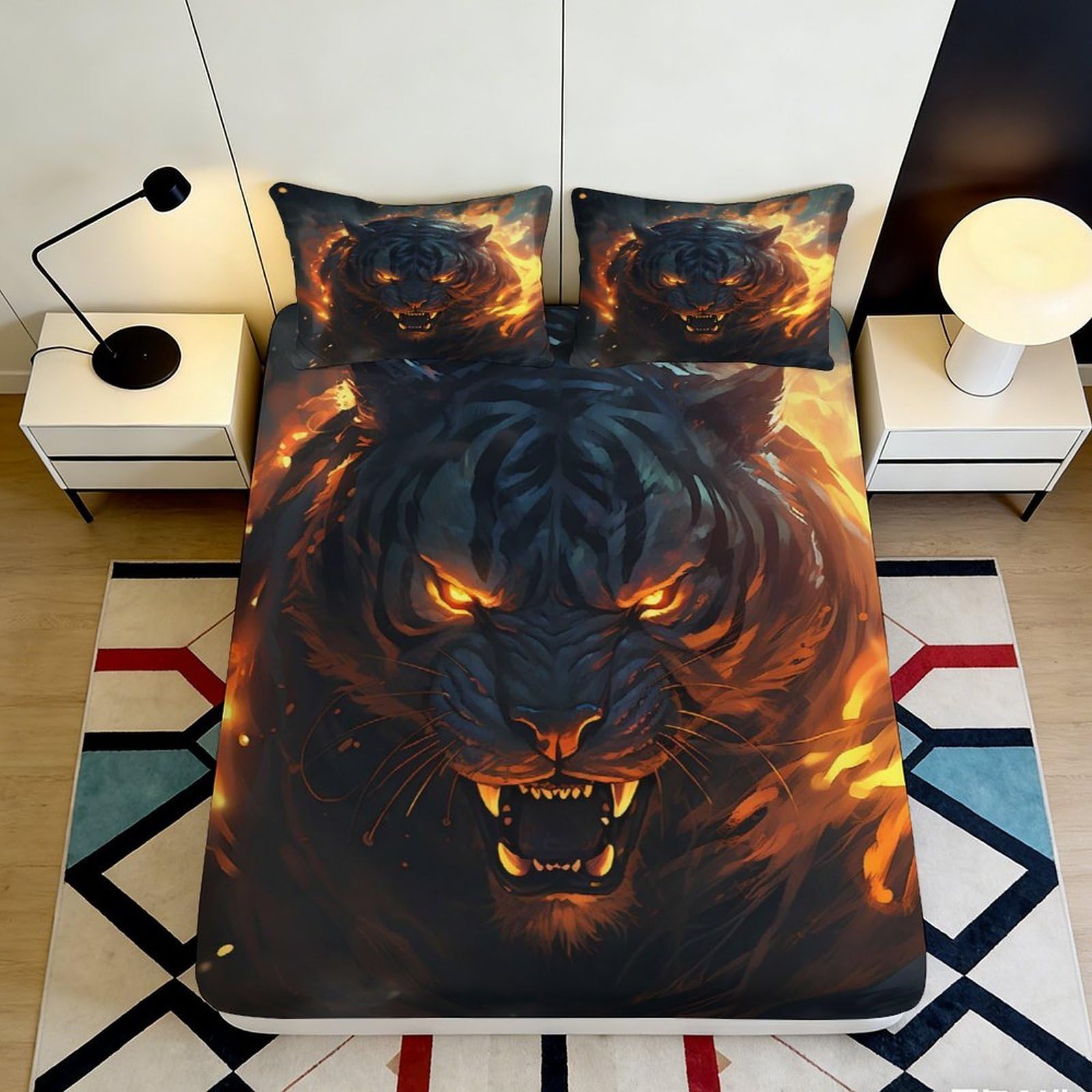 Pnayamiorkfel Style-3 3D Printed Fierce Tiger Fitted Sheet Microfiber Soft Breathable Flame Wild Cat Mattress Cover Bedroom Decor 90X200x25cm