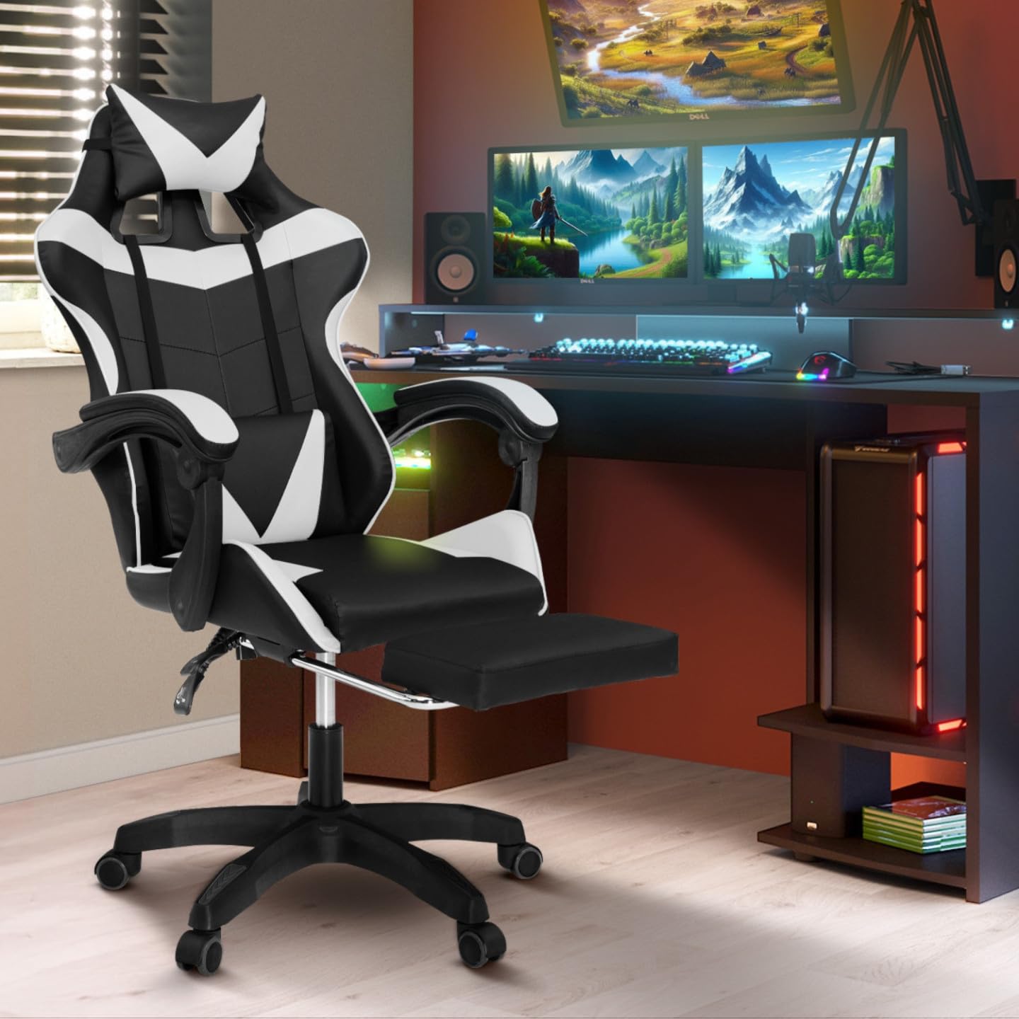 IDMarket - Silla gaming, silla de oficina negra y blanca ALEX