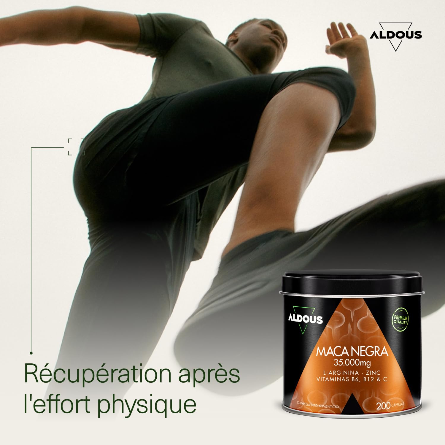 Maca Noire 35.000 mg - 200 gélules - Extra Forte - Extrait 20:1 - Avec Arginine, Zinc, Vitamine C, B12 et B6 - Maca du Pérou hautement concentrée - Régulateur hormonal, Énergie, Vitalité - ALDOUS
