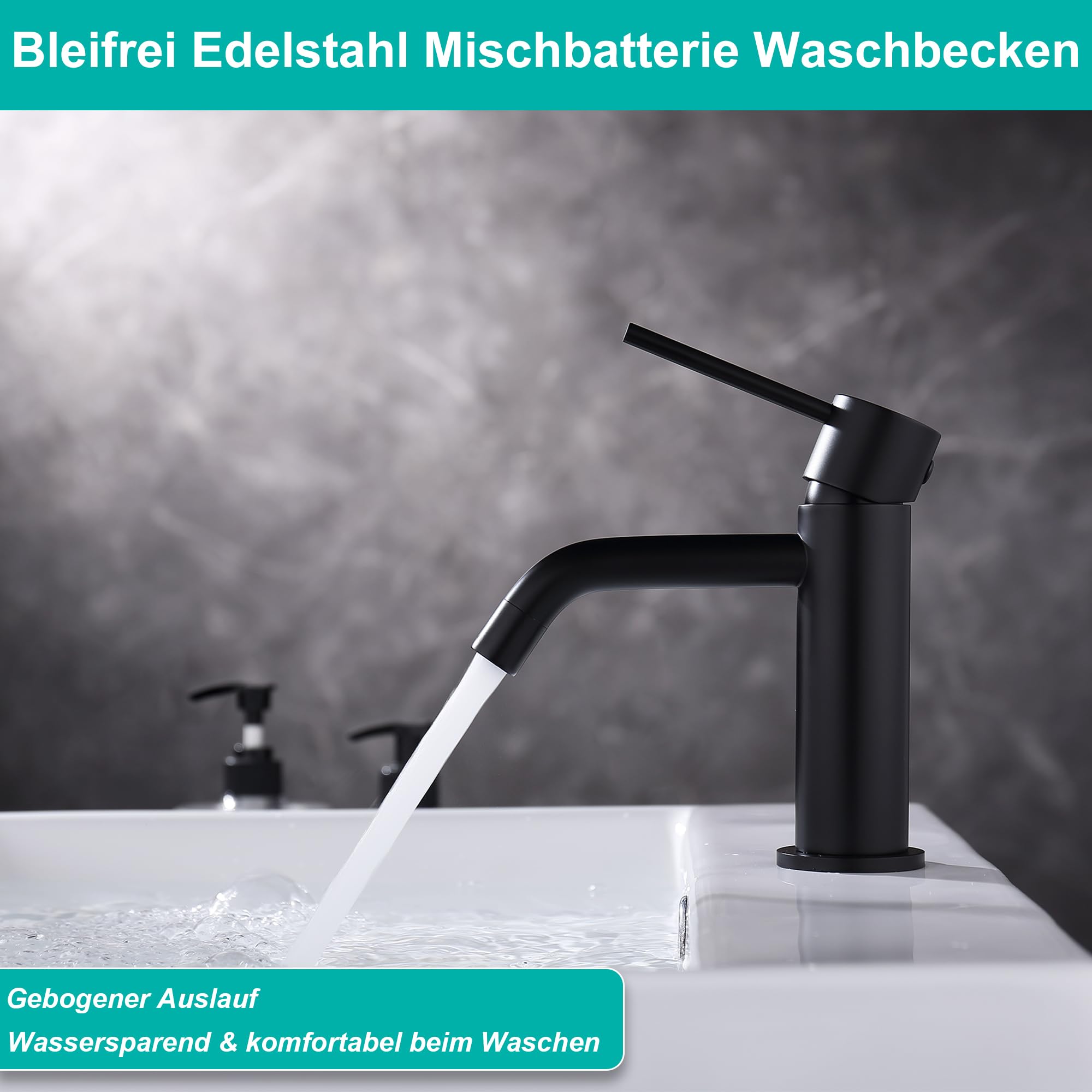 Wasserhahn Bad Schwarz Matt, Einhebel Waschtischarmatur | Auslaufhöhe 65mm Edelstahl Badarmatur mit AnschlussSchlauch, Abdrückfest Abblätterfest Einloch für Garderobe, Wohnwagen & W.C