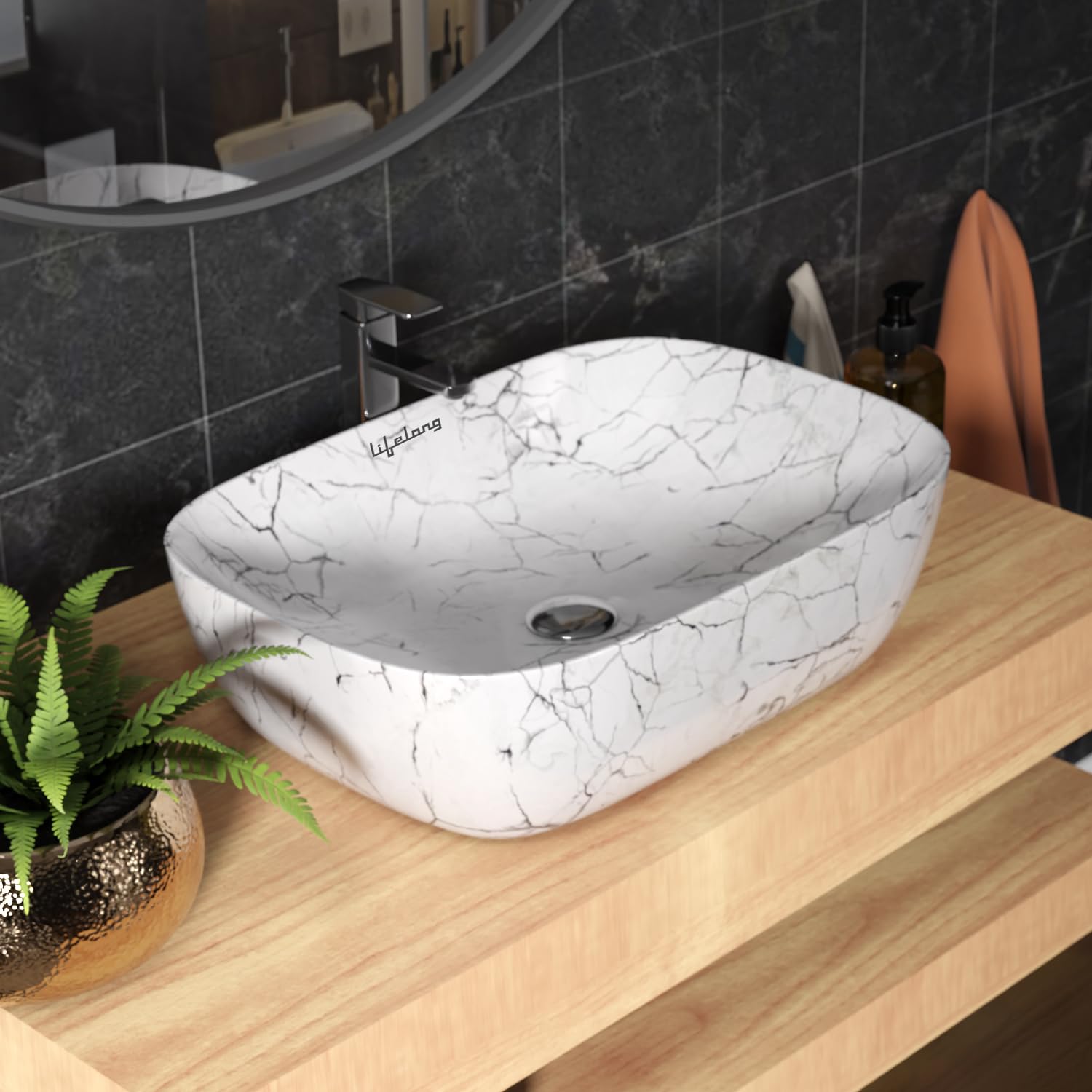 Lifelong Wash Basin for Bathroom - Tabletop Washbasin - Ceramic Glossy Round Countertop Vessel Sink Ideal for Bathroom, Dining Hall & Vanity 33x46x16 cm (Black and White, LLHIBM03) (B0D7MCBL45) Amazon Price History, Amazon Price Tracker