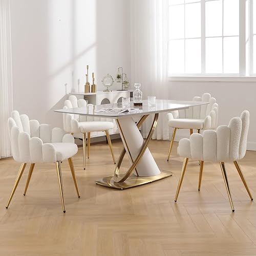 Miniatura 7 de Juego de 2 sillas de comedor modernas, cómodas sillas auxiliares de sherpa tapizadas con respaldo de barril y patas de metal para comedor, sala de