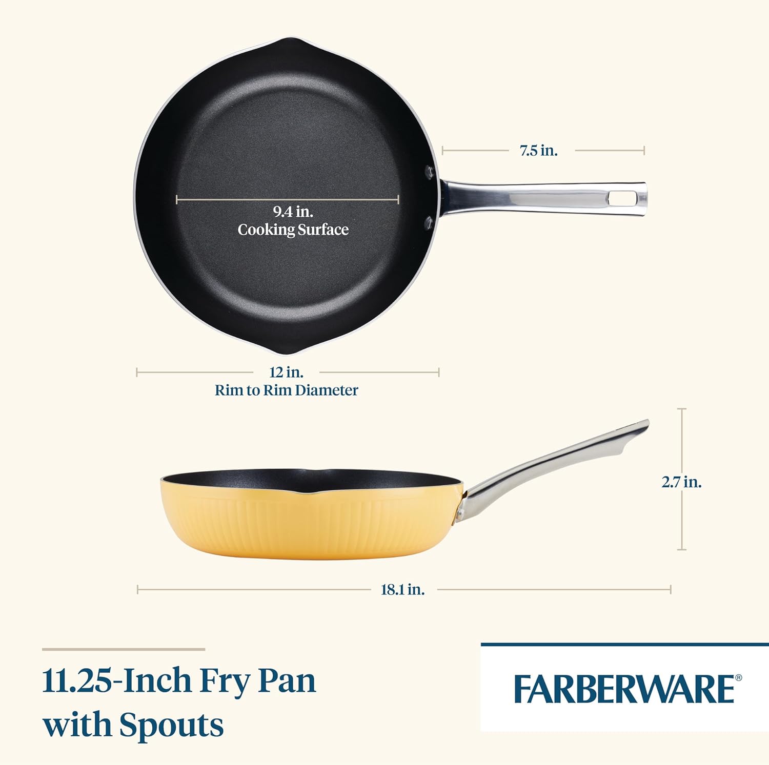 Farberware Style Nonstick Cookware Frying Pan/Skillet with Pour Spouts, Dishwasher Safe, 11.25 Inch - Yellow
