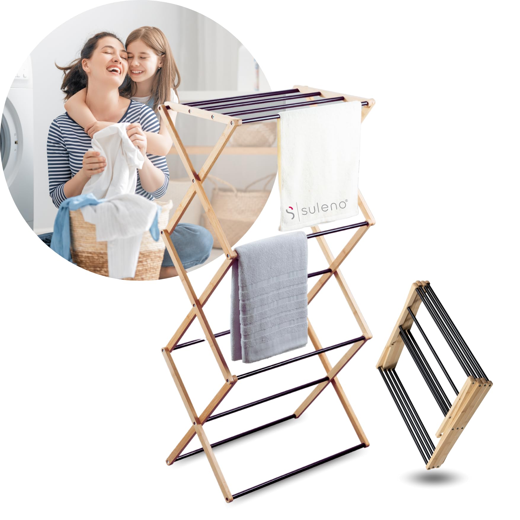 Suleno Bambus Wäscheständer Bali, 57x113cm Klappbar & Ausziehbar | Platzsparend, 11 Metallstangen, 6 Ebenen, Leicht, Ideal für kleine Wohnungen, Enge Räume & Balkon, Innen/Außen, Faltbar, Turm