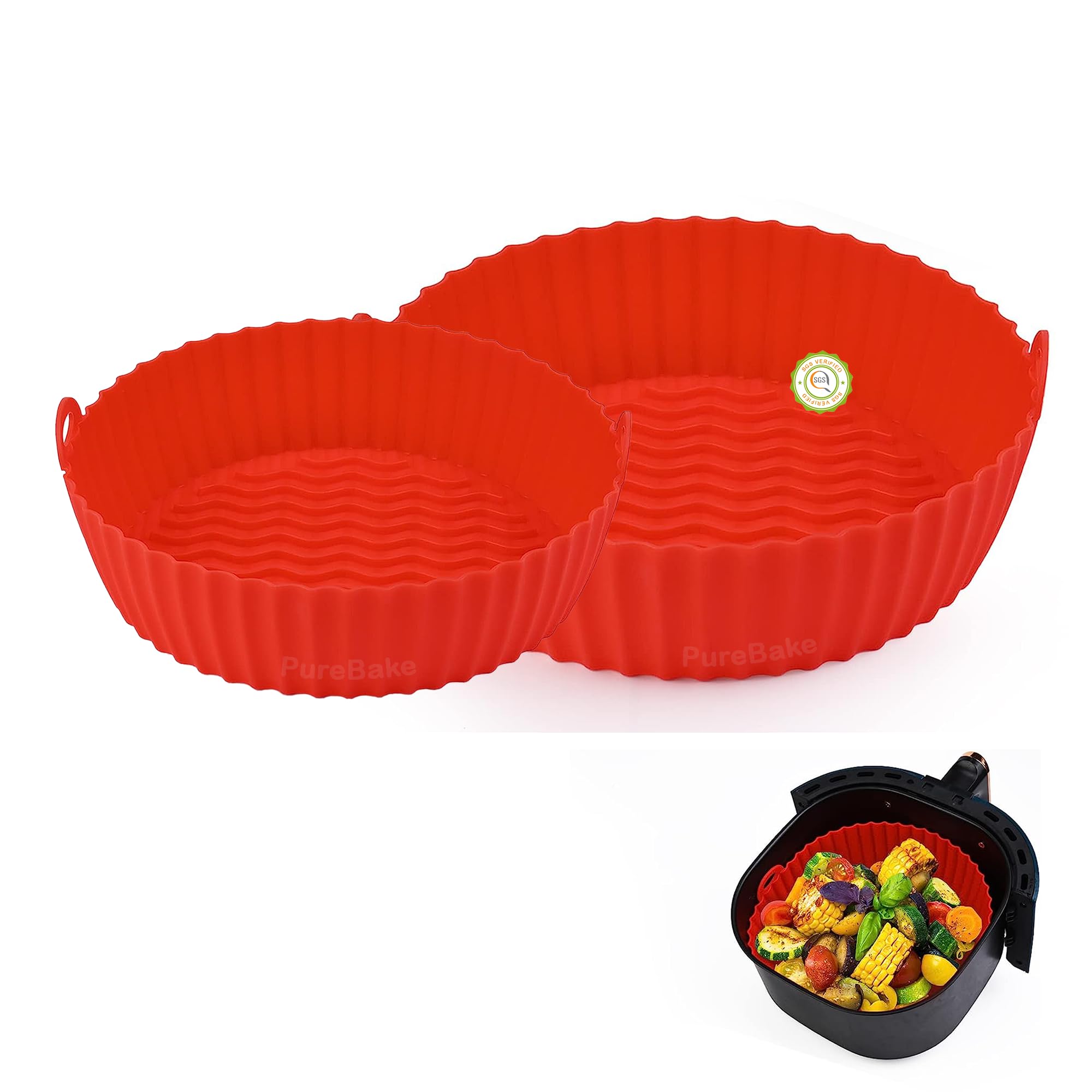 PureBake 7 Inch Reusable Silicone Air Fryer Liners - Non-Stick Basket Liners, Eco-Friendly Airfryer Silicone Liners, Easy Clean & Dishwasher Safe (Random Color - Blue, Grey, Red, Pink) - (Pack of 2)