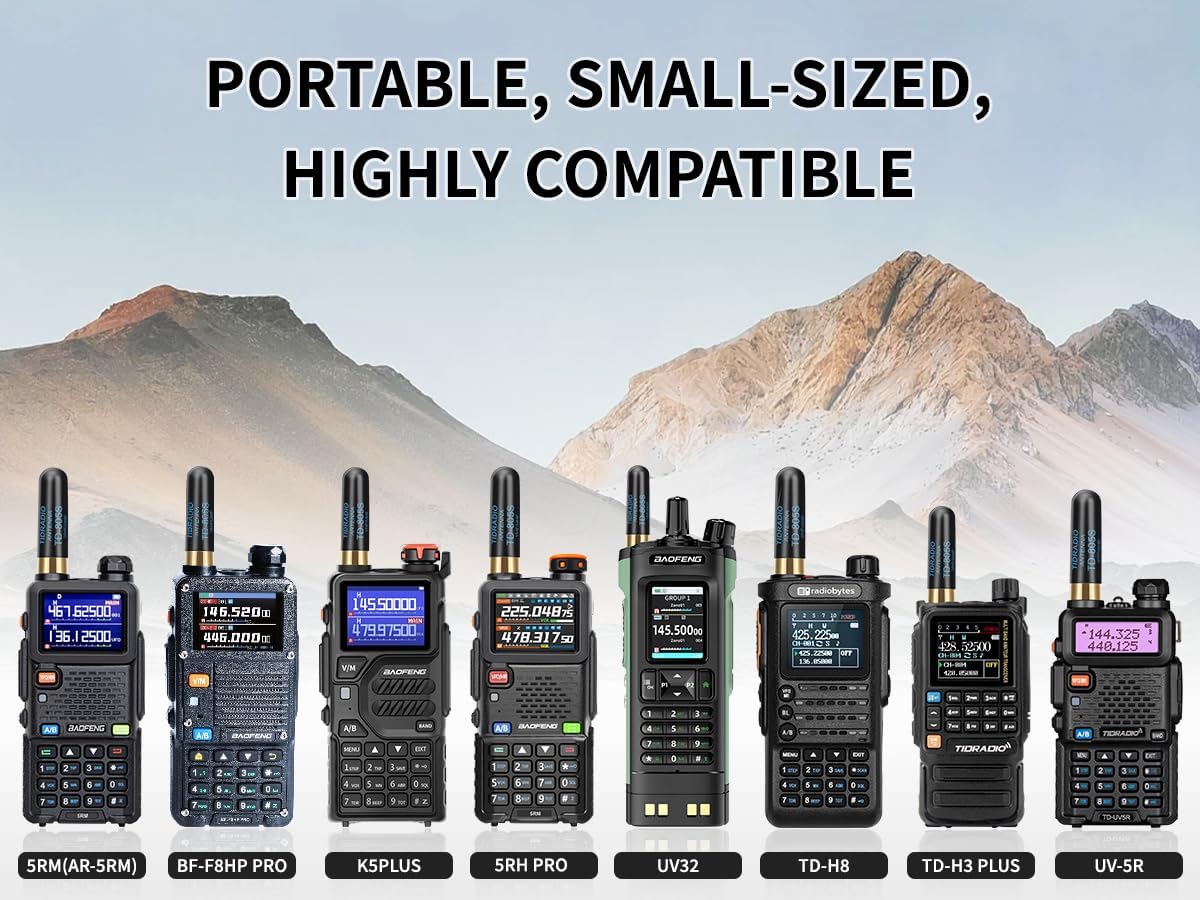 A visual chart displaying various ham radio models compatible with the TD-805S antenna, including Baofeng and Tidradio models.