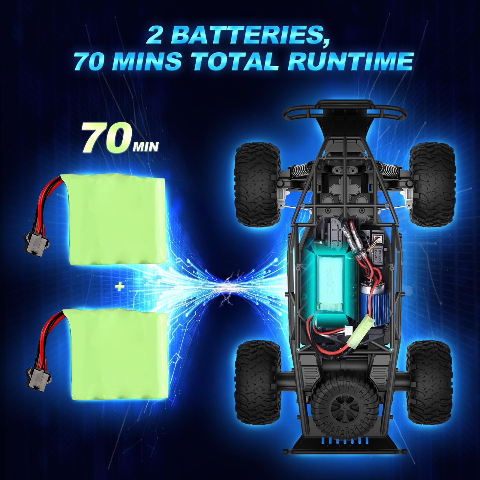 Coche Teledirigido,2.4GHz Todoterreno para Exteriores con 2 baterías, 70 Minutos, Escala 1:16, 25 km/h, Mando a Distancia, Coche de Carreras, camión, Todoterreno, Juguete para niños, Color Negro