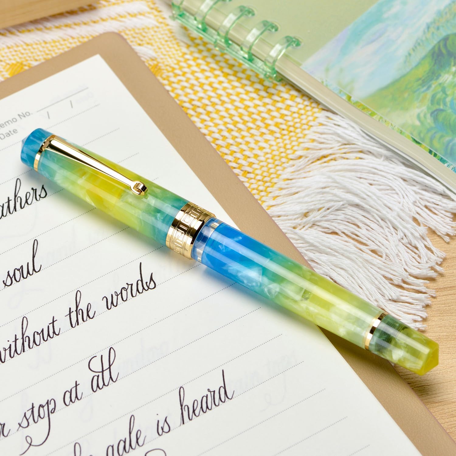 Asvine P20 Piston Fountain Pen Gradual Yellow Resin, Iridium Medium Nib Gold Trim Smooth Writer Collection with Case Set
