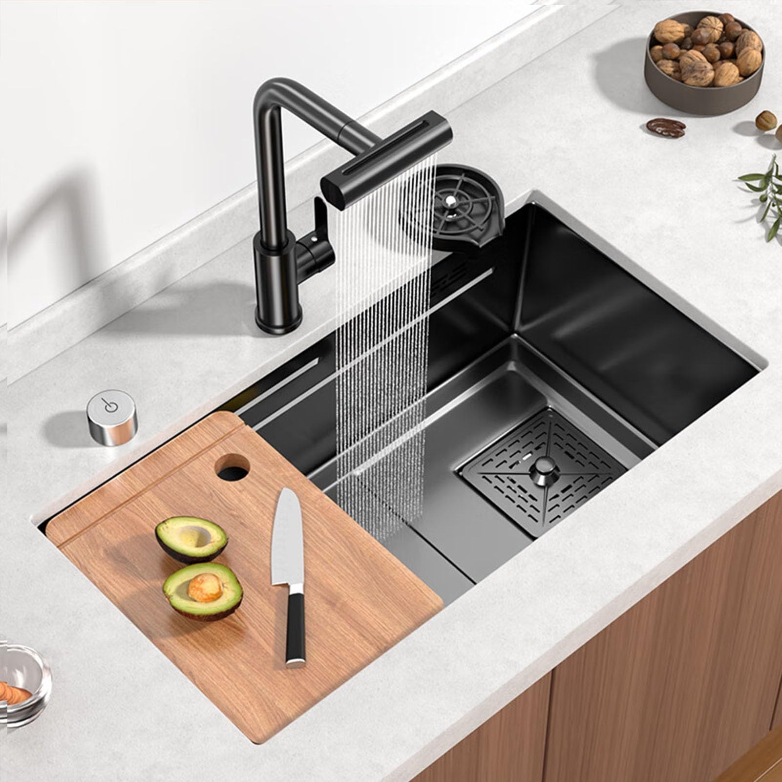 ZQFHSX Stainless Steel Drop-In Kitchen Sink with Waterfall Faucet & Pull Down Sprayhead Single Bowl Workstation Black 68x45x20cm Includes Accessories