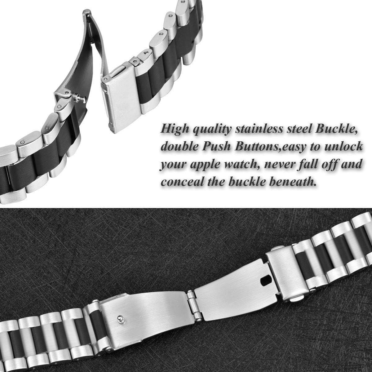Compatible with Apple Watch, Band for iWatch Series 5 4 3 2 1 Stainless Steel Fashion Jewelry Replacement Dressy Bracelet 38mm 42mm Smart Watch Accessories (SS002-Black, 42MM)