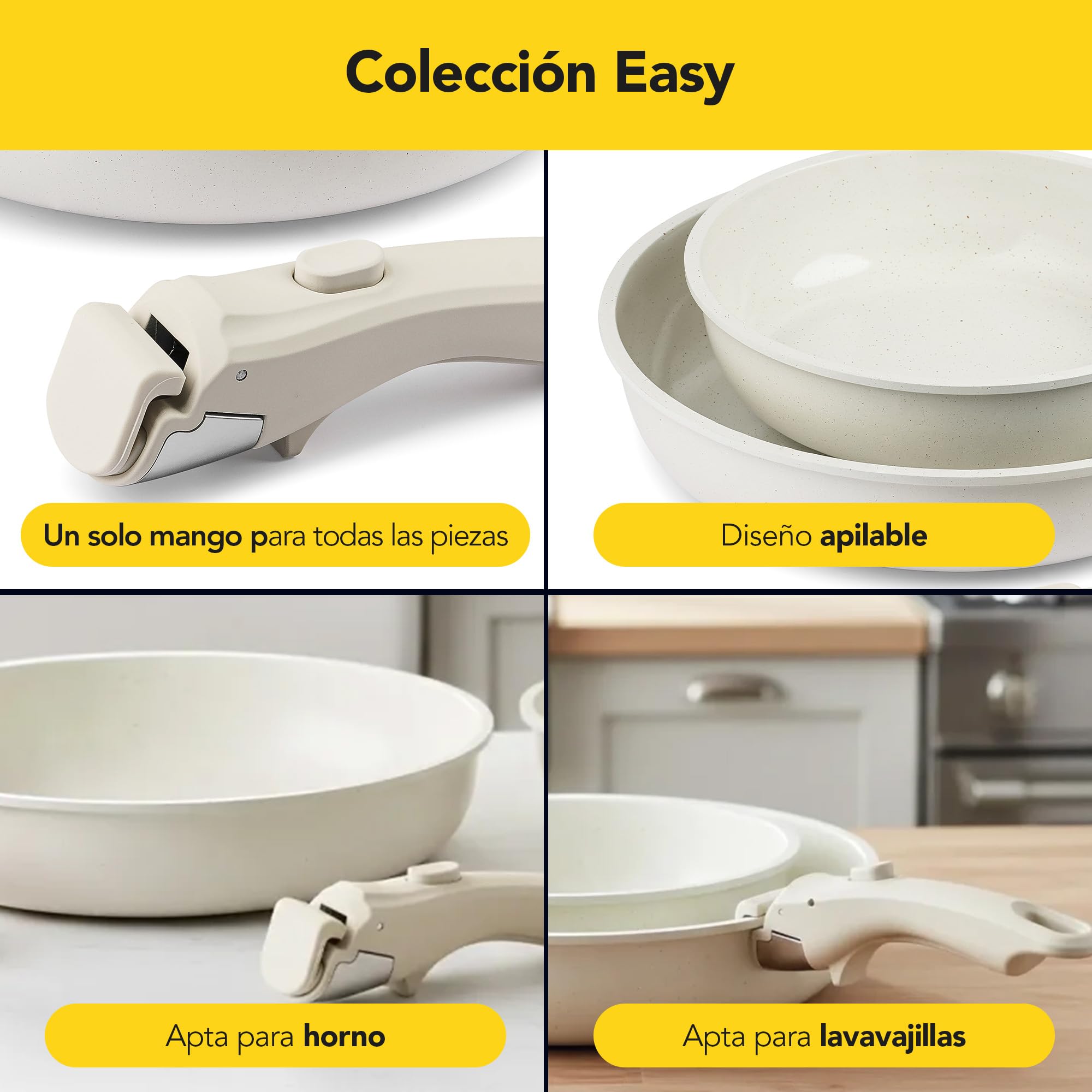 CASTEY - Easy Pan Duo, Set de Sartenes con Mango Desmontable, Aluminio, Doble Recubrimiento Antiadherente, Apto para Horno y Todas las Cocinas, Fácil Limpieza, Blanco
