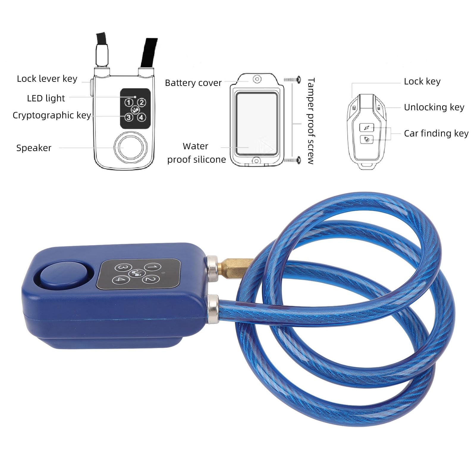 Lucchetto per Bici con Allarme, Lucchetto a Catena Antifurto con Password e Lunghezza Cavo da 31,5 Pollici, Antifurto Wireless con Allarme Oltre 110 DB (BLUE)