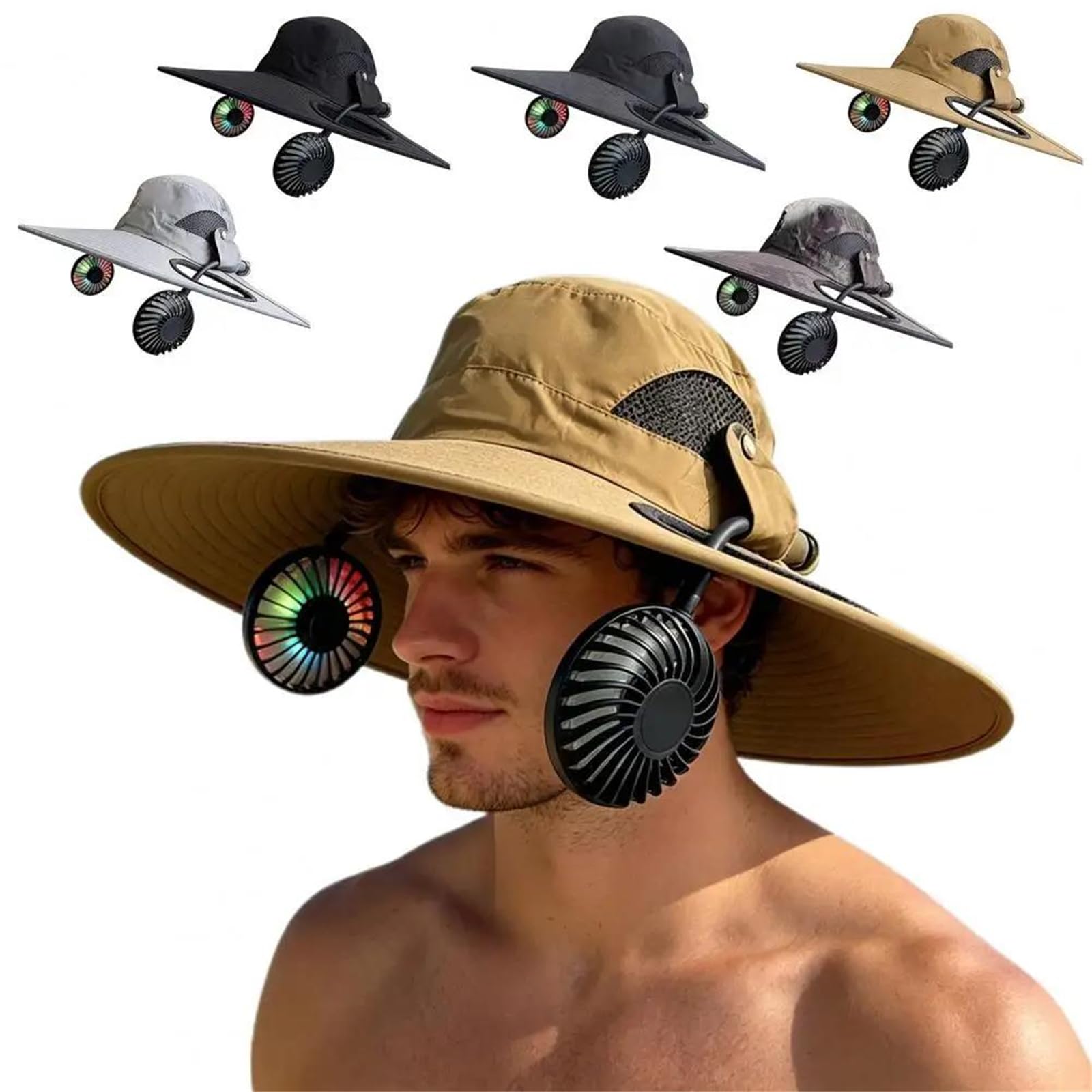 Cappello sole "bucket" con doppia ventola – cappello refrigerante 2 in 1 | con ventole rimovibili, pale luminescenti al buio, velocità regolabile e cappello da sole a tesa larga