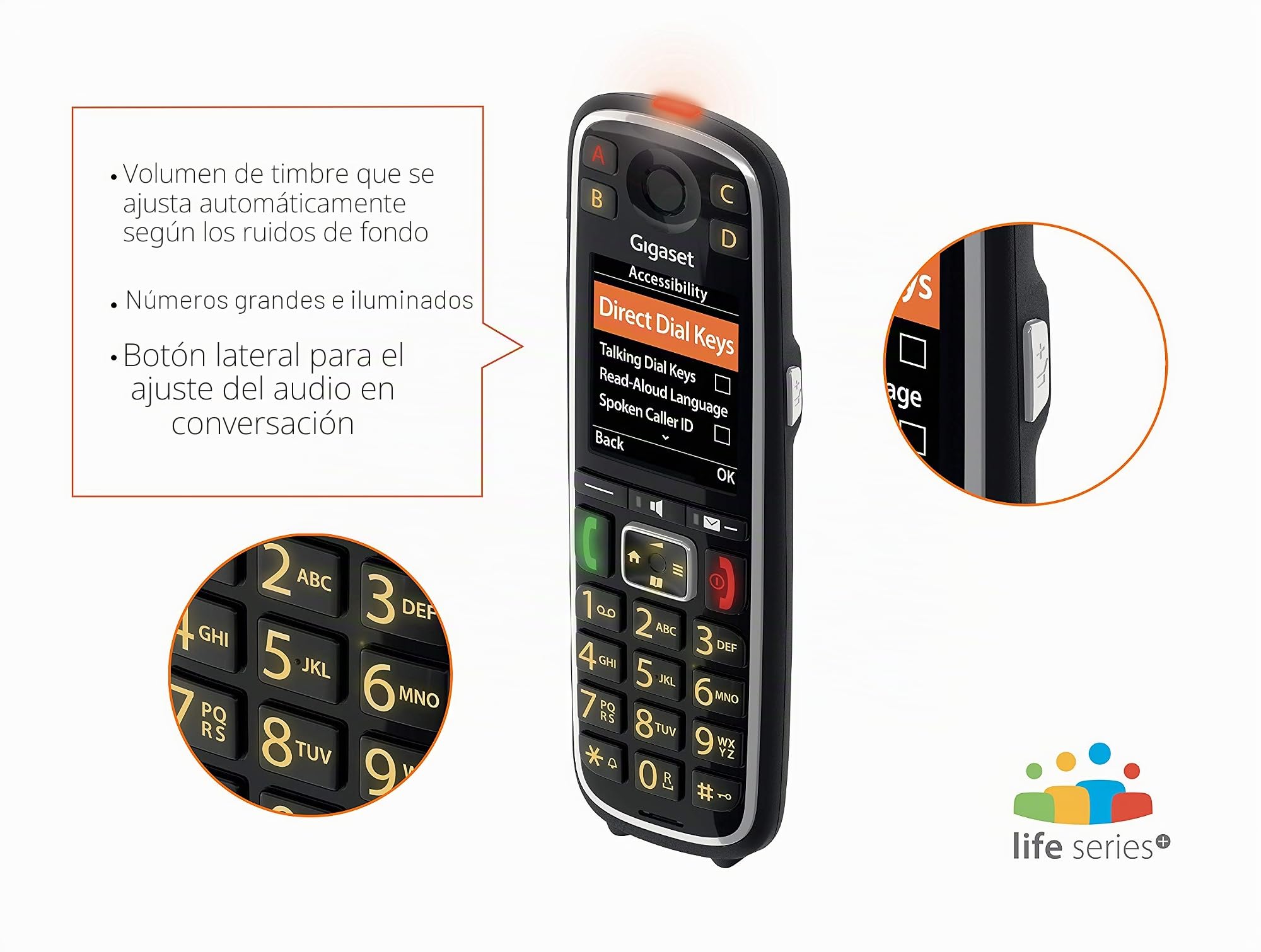 Gigaset E720 - El nuevo teléfono inalámbrico con aviso de voz de la persona que llama, teclado parlante, bluetooth para auriculares o audífonos - Color negro - Made in Italy