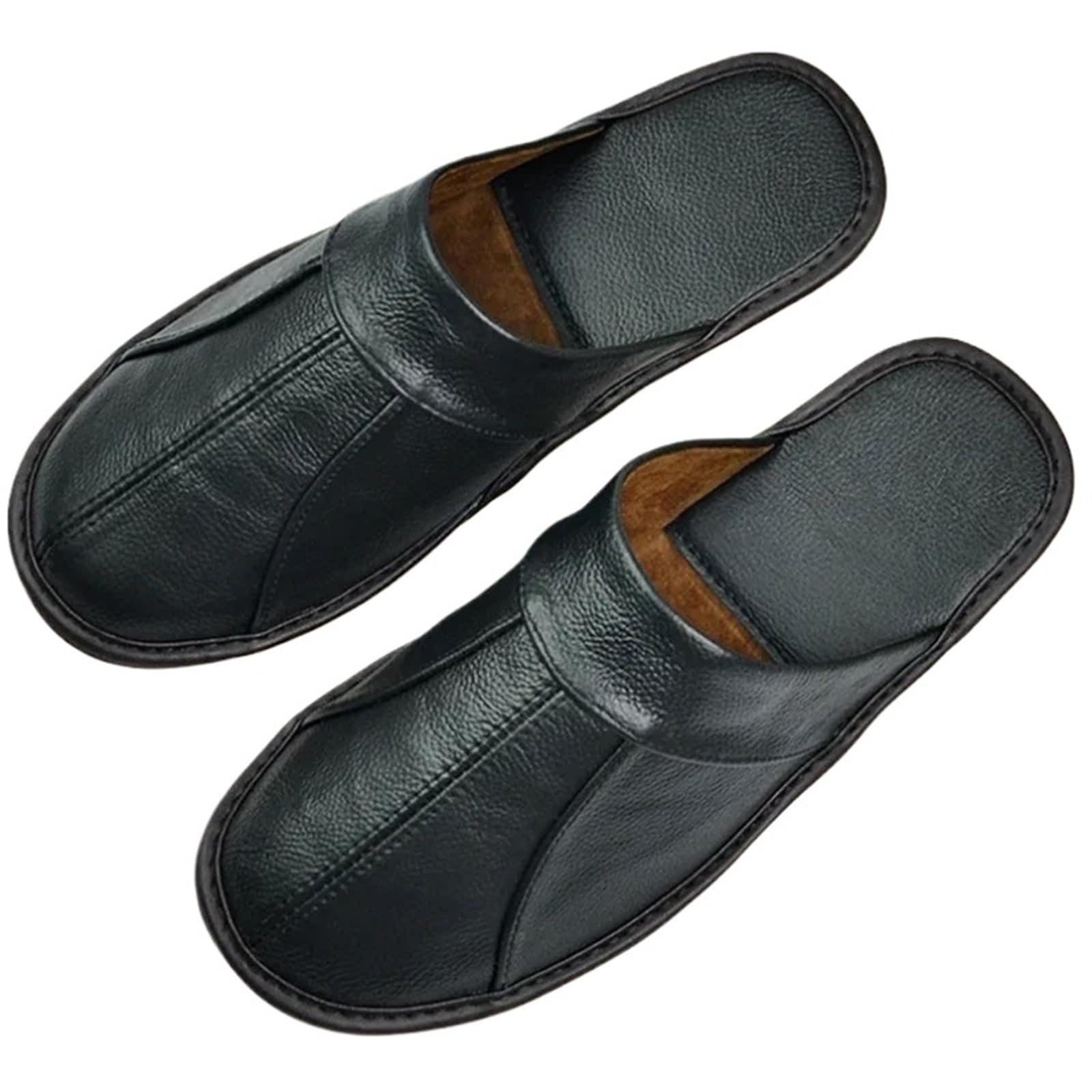 Warme Hausschuhe Herren Lederpantoffeln for Zuhause, for drinnen und draußen, Frühling, Herbst, Sommer, Herren, Damen, ältere Menschen, rutschfeste, lässige Einzel-Slides-Schuhe(505 Black,41-42)