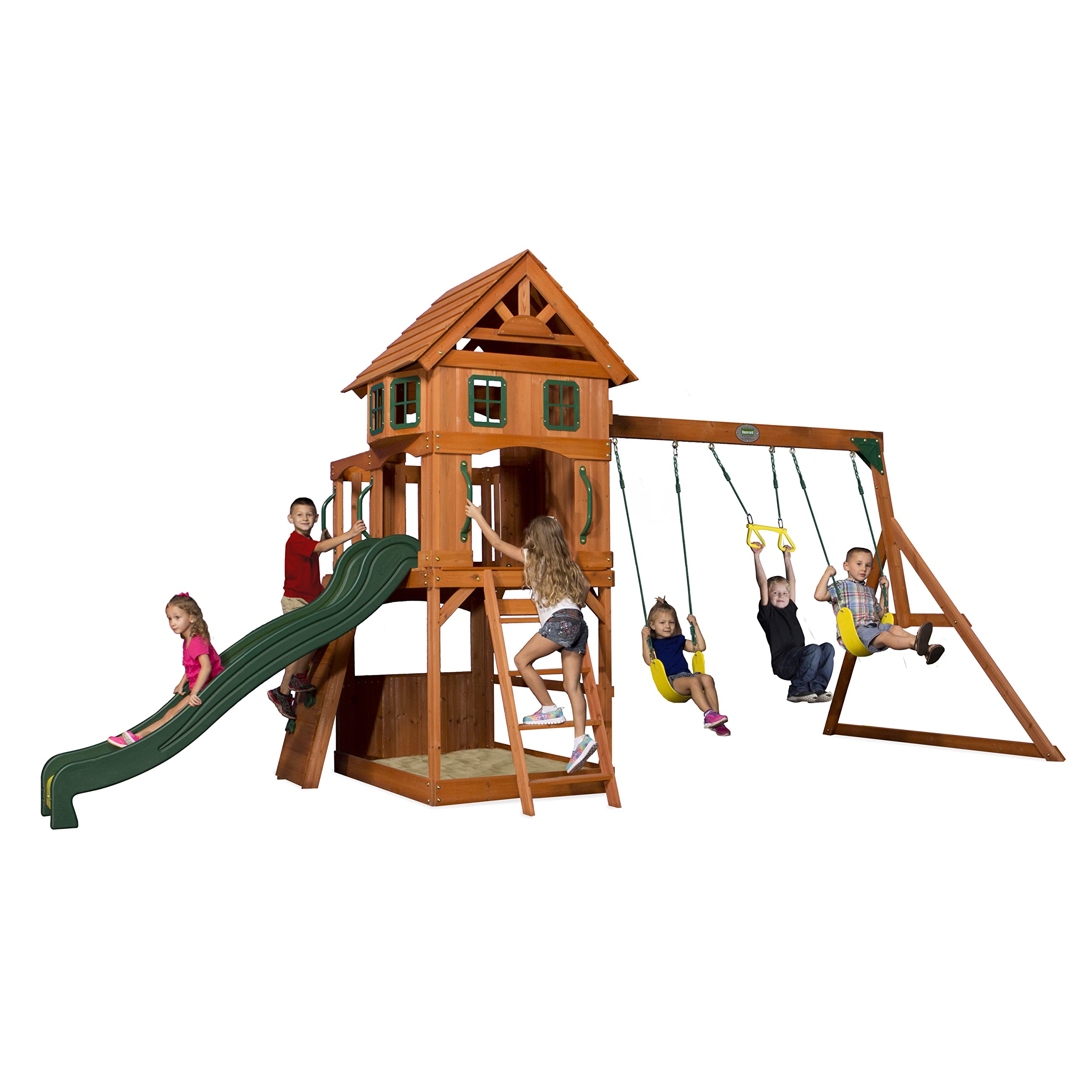 Backyard Discovery Atlantis Cedar Wood Swing Set with Wave Slide, Raised Clubhouse, Rock Wall, Belt Swings, Trapeze, Balcony, Lower Play Space, Snack Bar, Sandbox Area, Step Ladder, Outdoor Playset