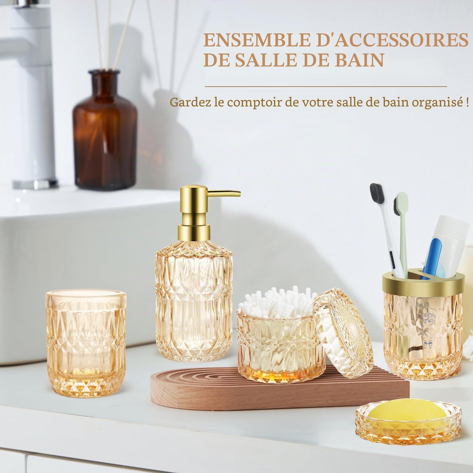 Lot de 5 accessoires de salle de bain en verre doré, distributeur de lotion, porte-savon, porte-brosse à dents, gobelet, cotons-tiges, décoration de salle de bain pour salle de bain moderne, cadeau