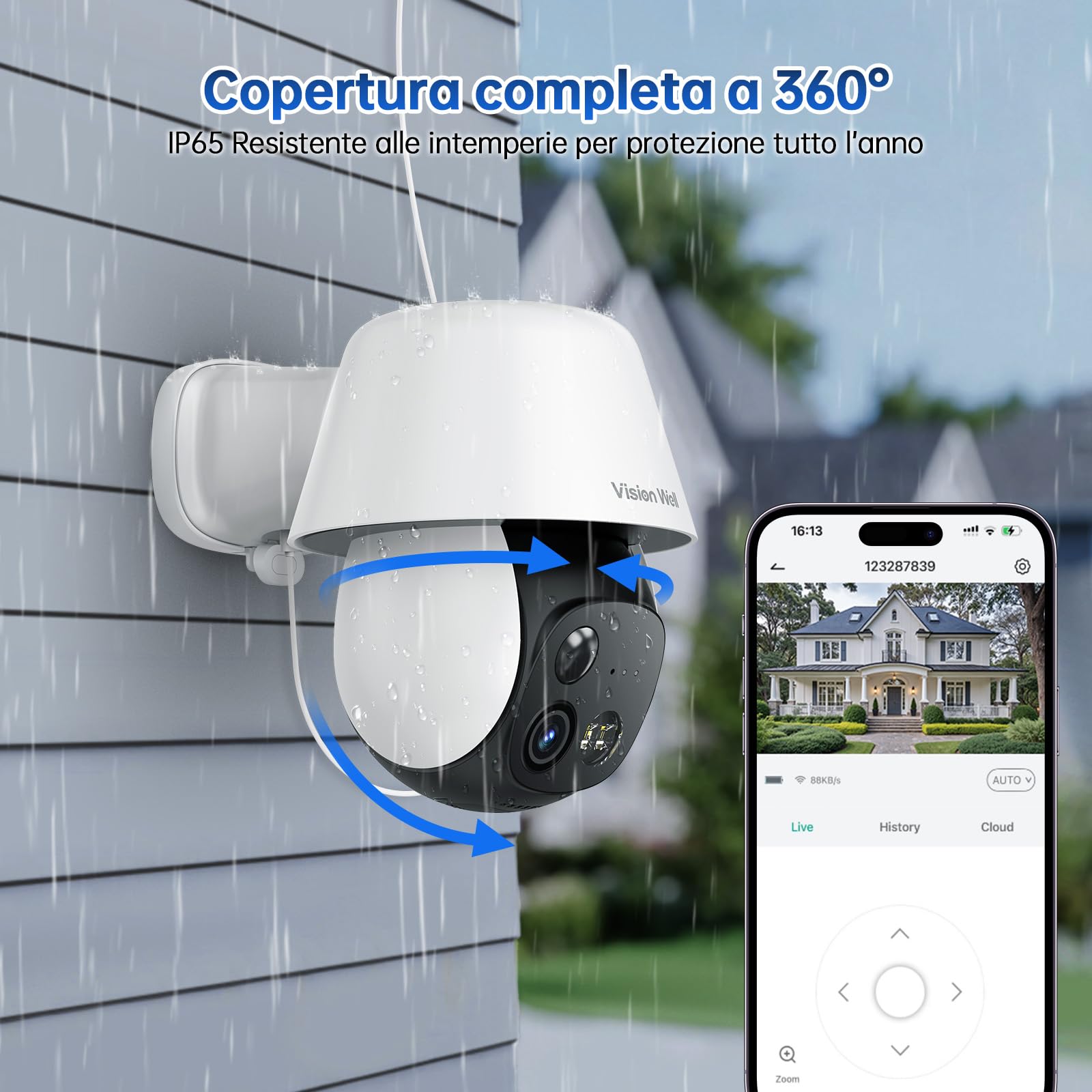Telecamera Wi-Fi Esterno Solare Senza Fili 2K (3MP) - Videocamera Sorveglianza PTZ 360° Visione Notturna a Colori, Rilevamento Umano PIR, Sirena e Faretto, Audio Bidirezionale, Impermeabile IP65