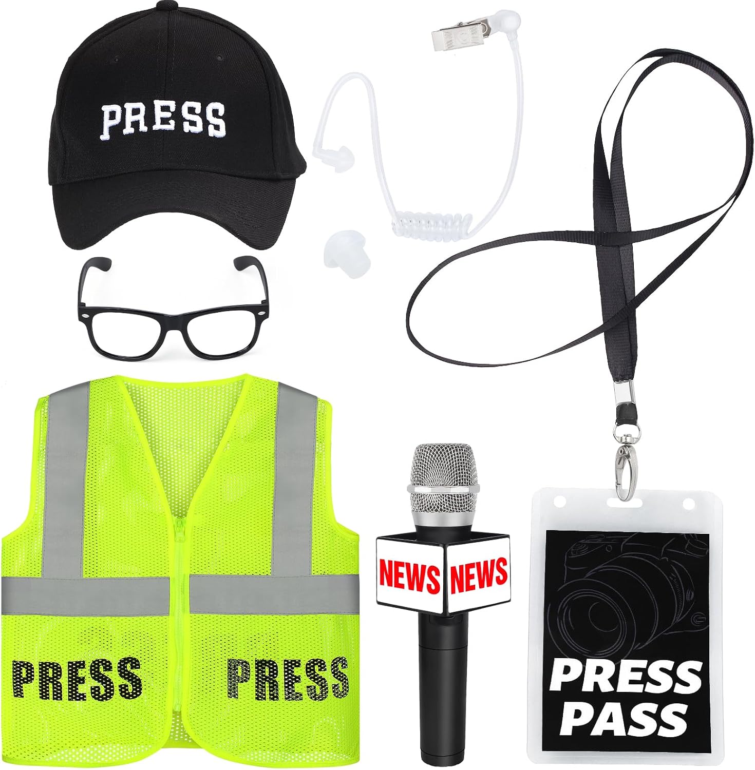 Yewong 6 Pieces Adult Journalist Costume Set Press Hat Vest Pass Card Microphone Earpiece Prop Costume Glasses Frame for News Reporter Dress up Halloween Party