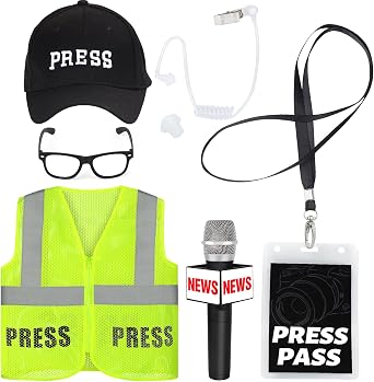 Yewong 6 Pieces Adult Journalist Costume Set Press Hat Vest Pass Card Microphone Earpiece Prop Costume Glasses Frame for News Reporter Dress up Halloween Party