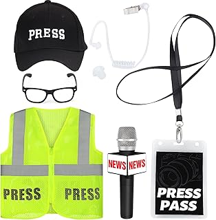 6 Pieces Adult Journalist Costume Set Press Hat Vest Pass Card Microphone Earpiece Prop Costume Glasses Frame for News Reporter Dress up Halloween Party