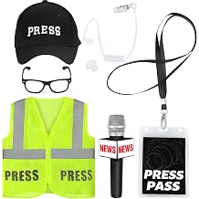 Yewong 6 Pieces Adult Journalist Costume Set Press Hat Vest Pass Card Microphone Earpiece Prop Costume Glasses Frame for News Reporter Dress up Halloween Party