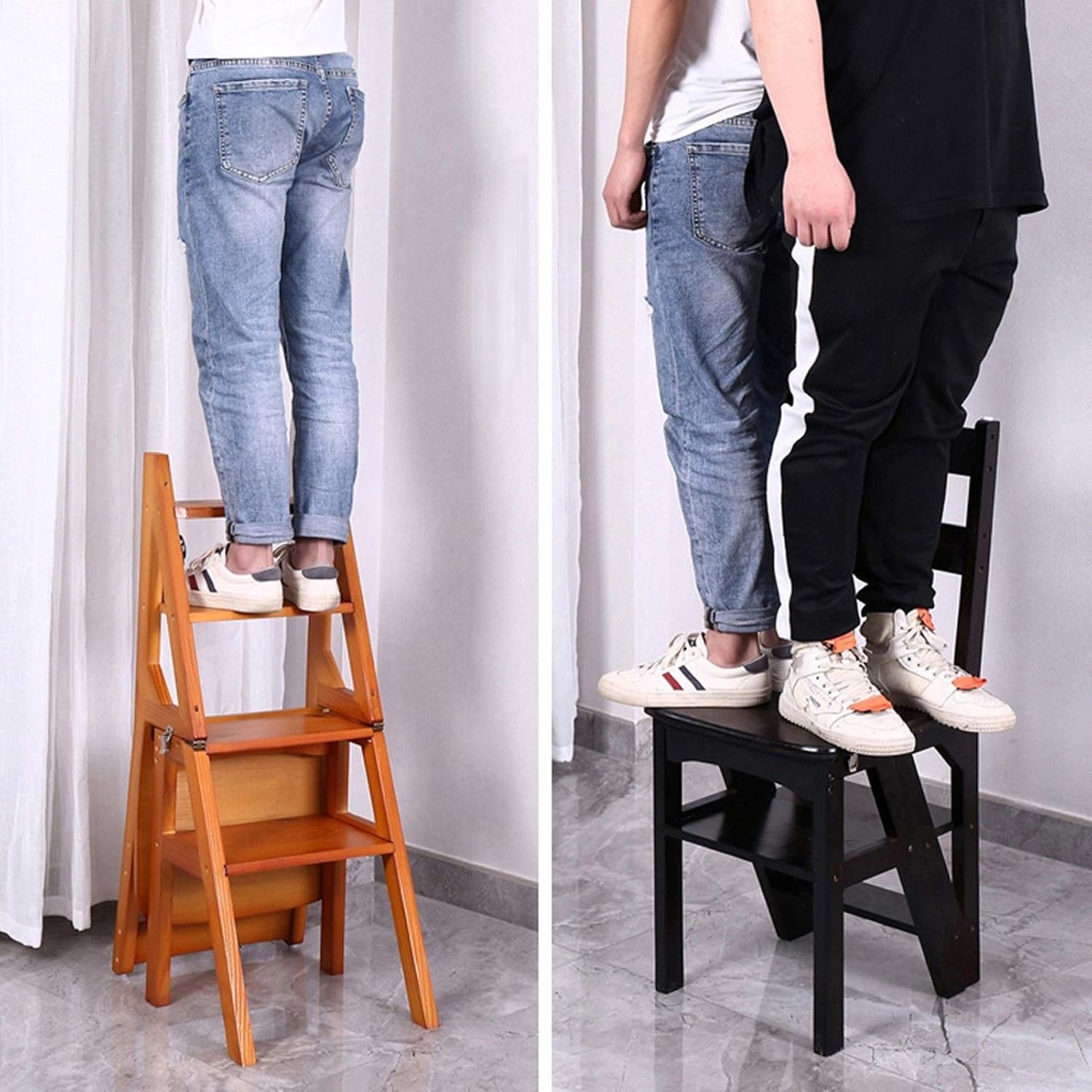 Folding Wooden Stool Chair Portable Library Ladder Multi Purpose Kitchen/Office Footstool Plant Stand Flower Rack